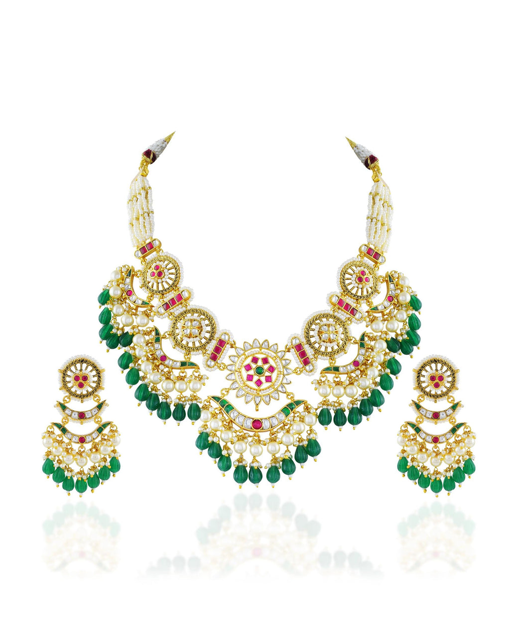 Handcrafted Pachi Kundan Choker Set  Emerald Green Droplets, Antique Gold Indian Bridal Jewelry
