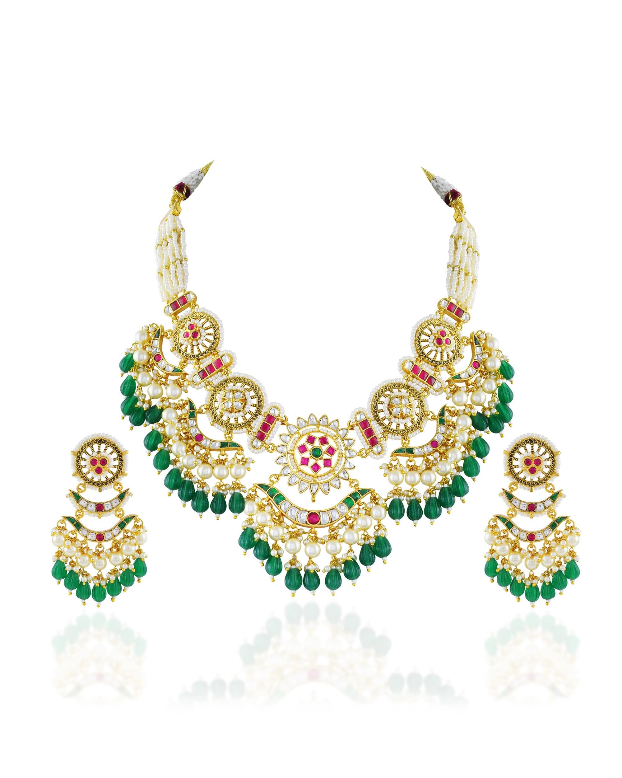 Handcrafted Pachi Kundan Choker Set  Emerald Green Droplets, Antique Gold Indian Bridal Jewelry