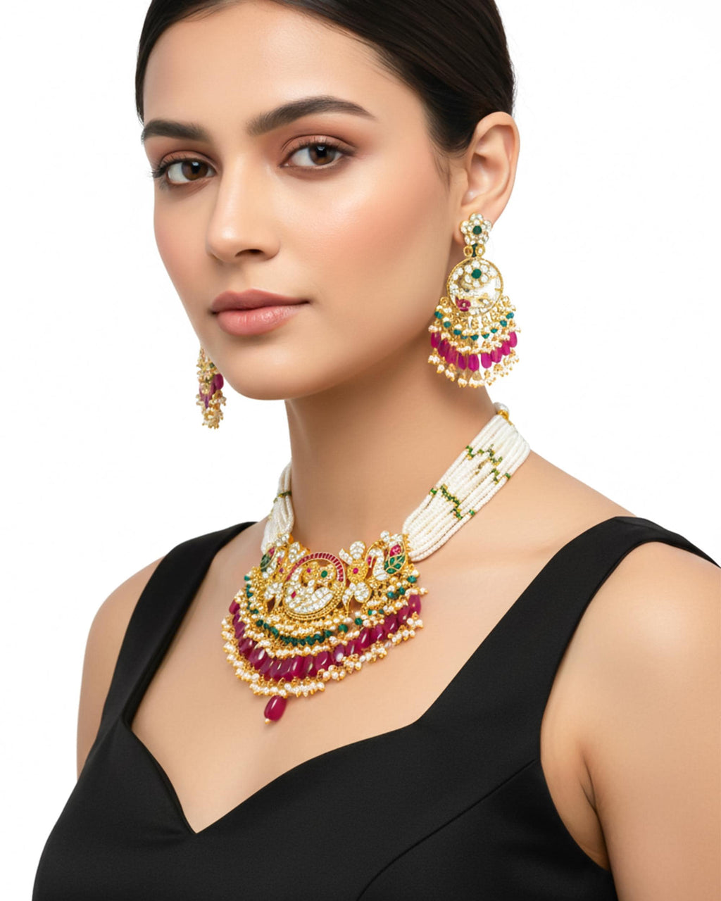 Handcrafted Pachi Kundan Bib Choker Set  Ruby Pink Tumbles, Pearl, Peacock Bridal Jewelry