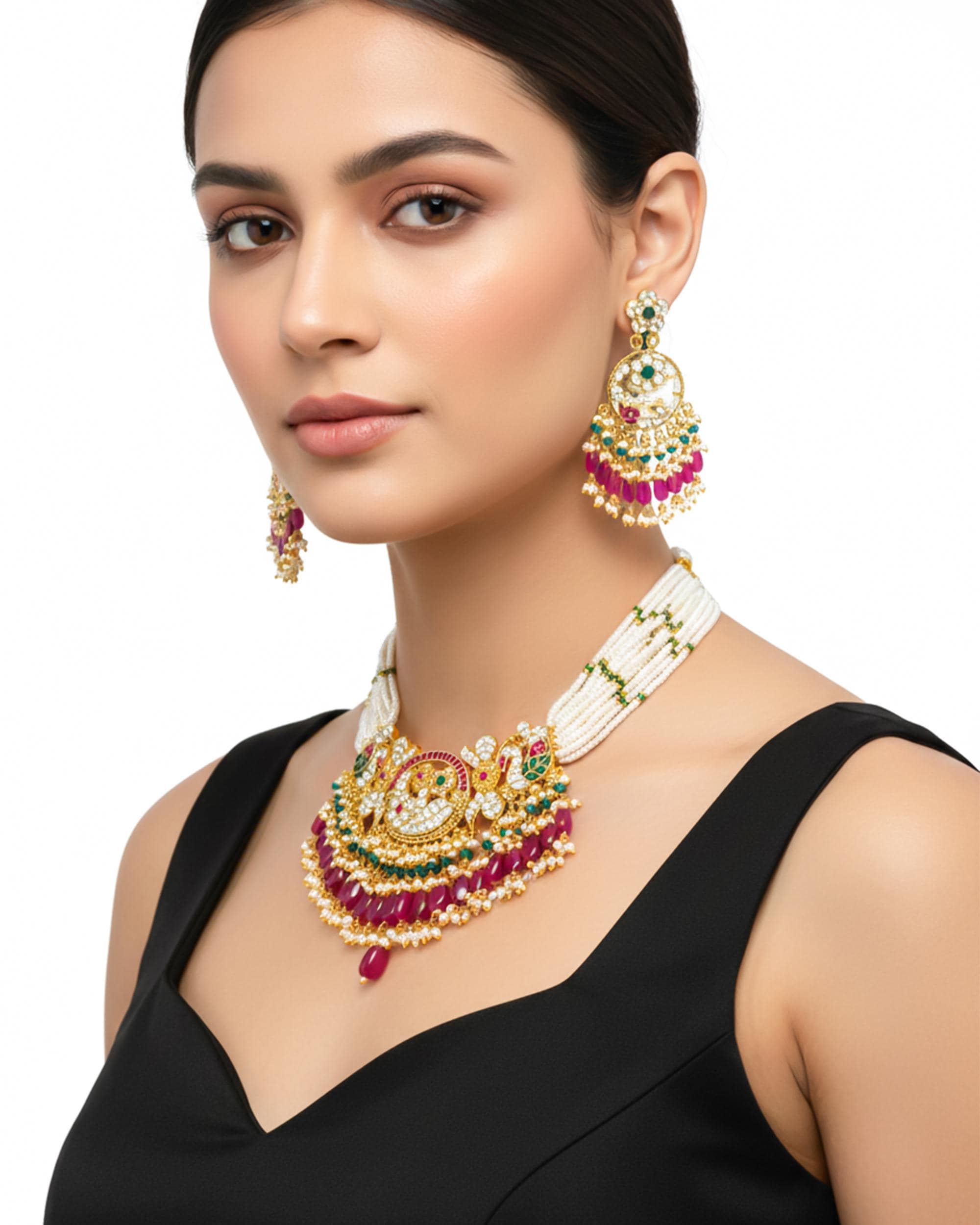 Handcrafted Pachi Kundan Bib Choker Set  Ruby Pink Tumbles, Pearl, Peacock Bridal Jewelry