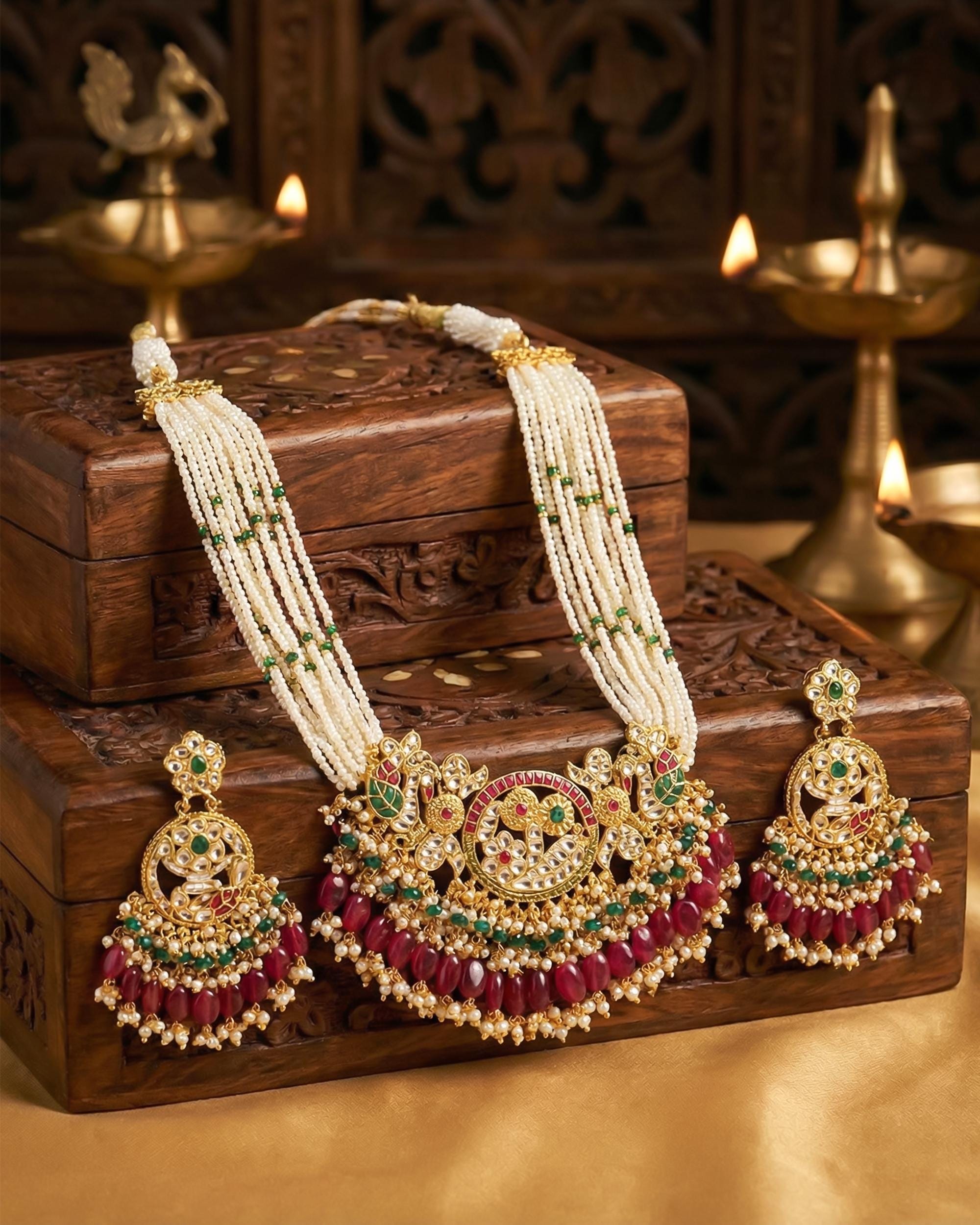 Handcrafted Pachi Kundan Bib Choker Set  Ruby Pink Tumbles, Pearl, Peacock Bridal Jewelry
