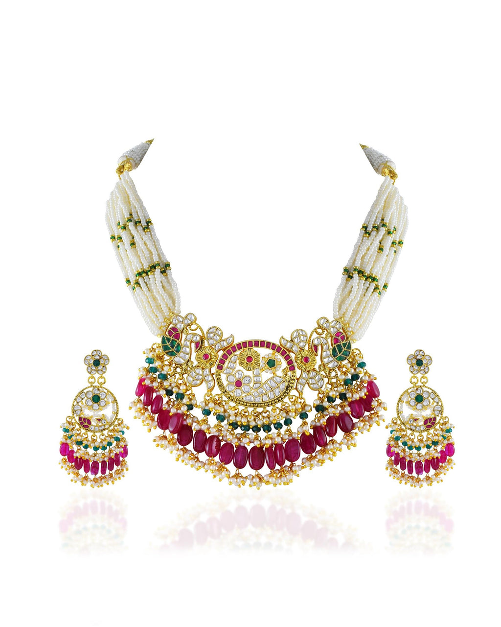 Handcrafted Pachi Kundan Bib Choker Set  Ruby Pink Tumbles, Pearl, Peacock Bridal Jewelry