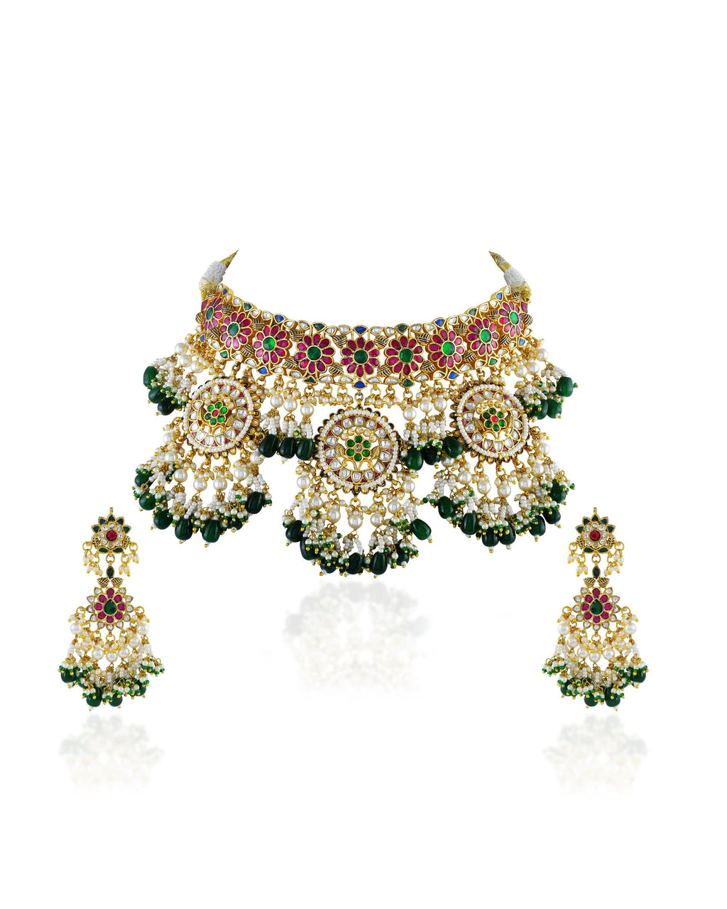 Antique Gold Pachi Kundan Choker Set  Royal Pink Emerald Bridal Collar Jewelry