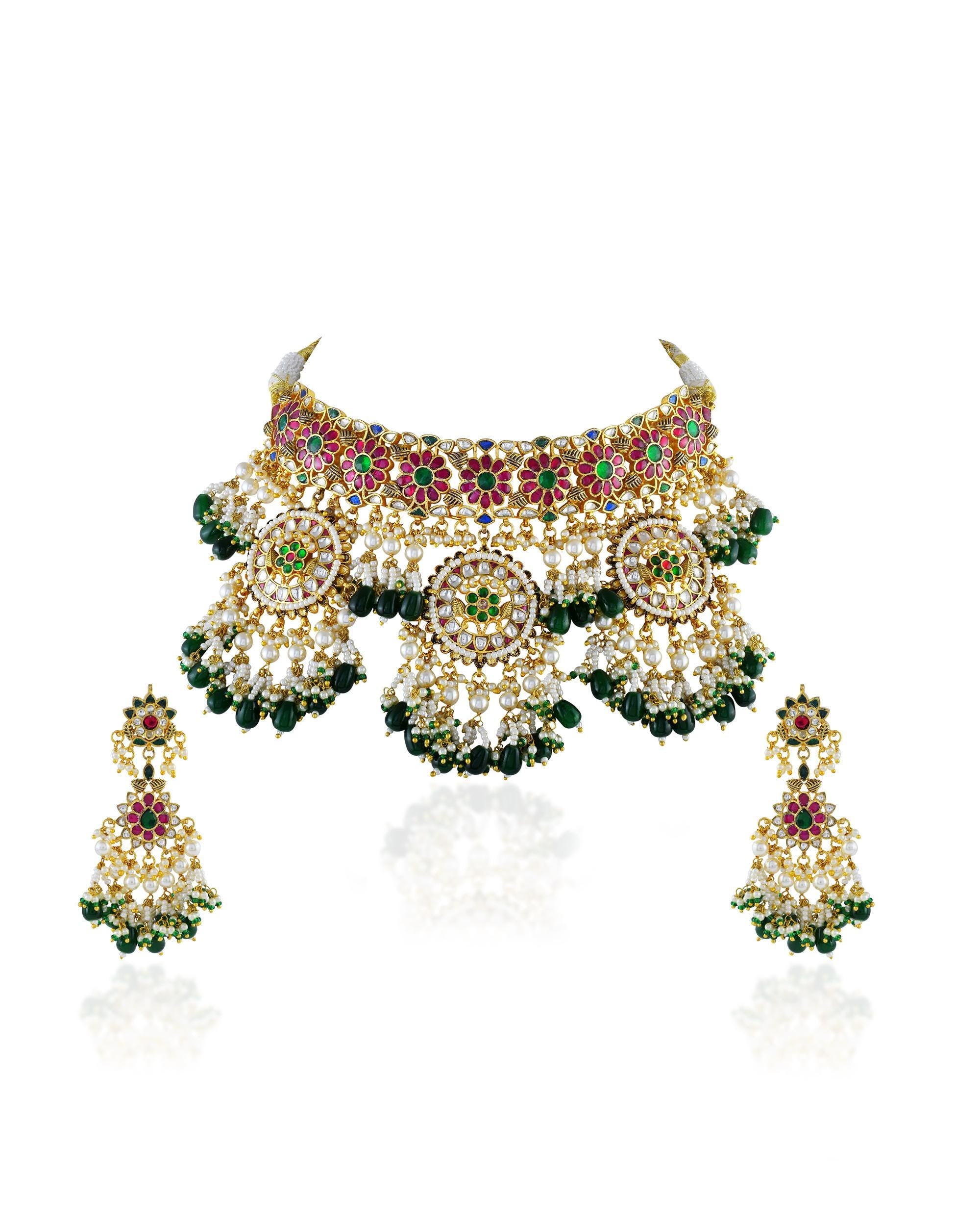 Antique Gold Pachi Kundan Choker Set  Royal Pink Emerald Bridal Collar Jewelry