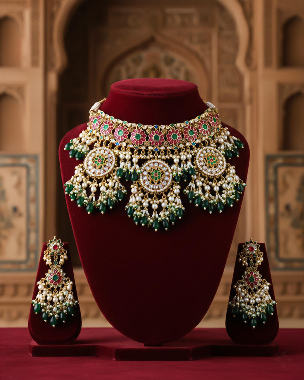 Antique Gold Pachi Kundan Choker Set  Royal Pink Emerald Bridal Collar Jewelry