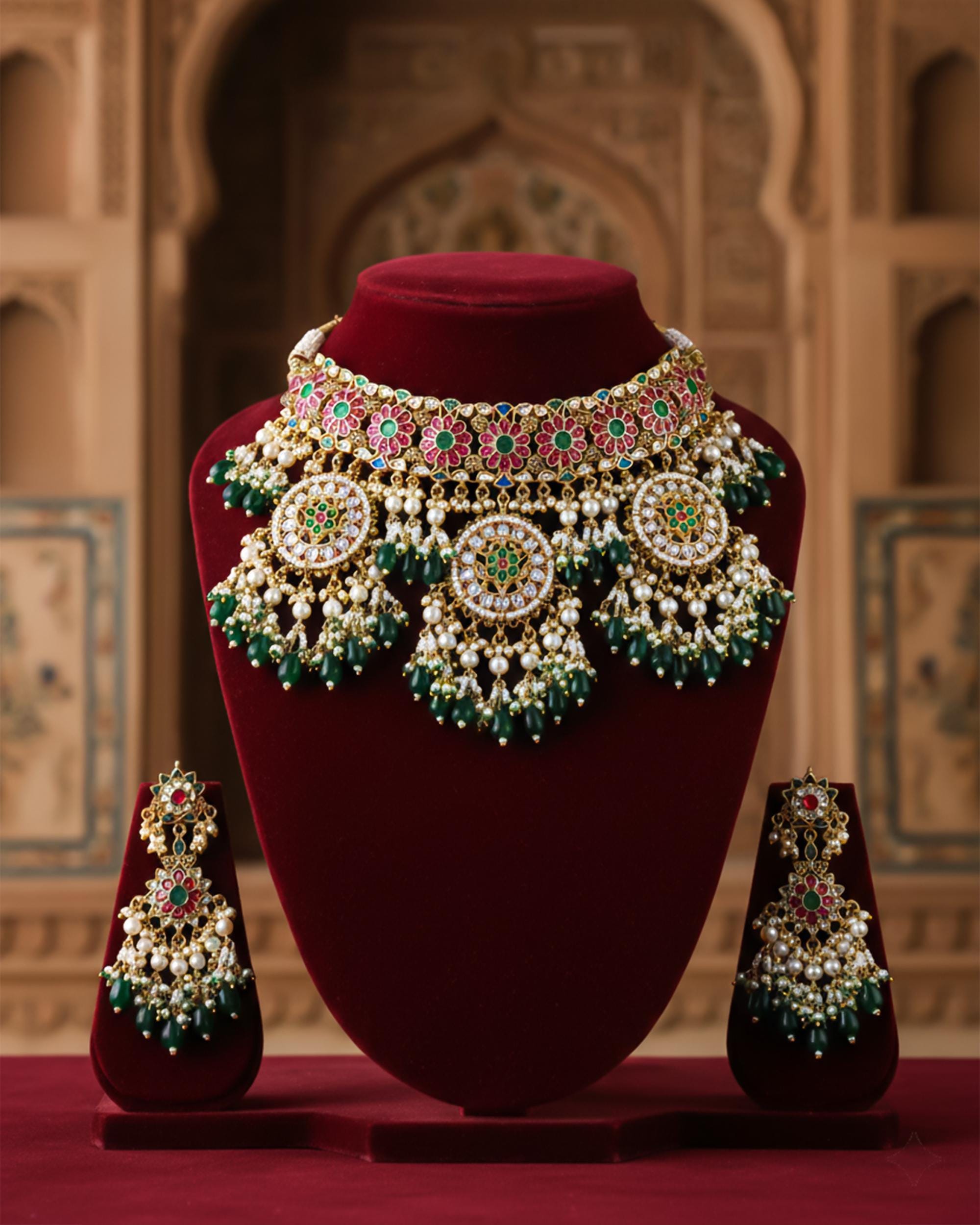 Antique Gold Pachi Kundan Choker Set  Royal Pink Emerald Bridal Collar Jewelry