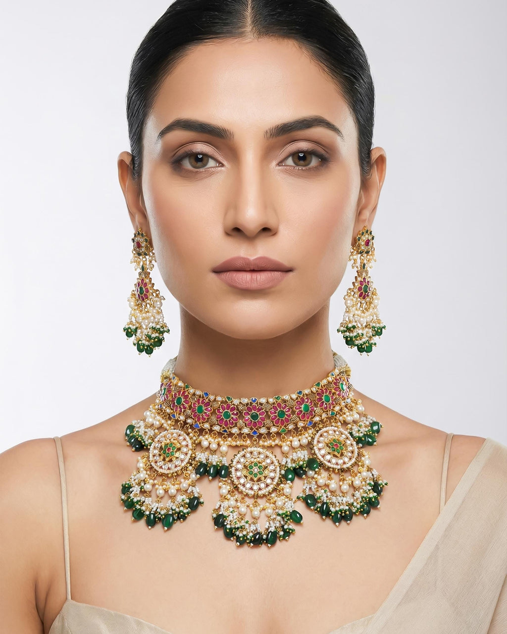 Antique Gold Pachi Kundan Choker Set  Royal Pink Emerald Bridal Collar Jewelry
