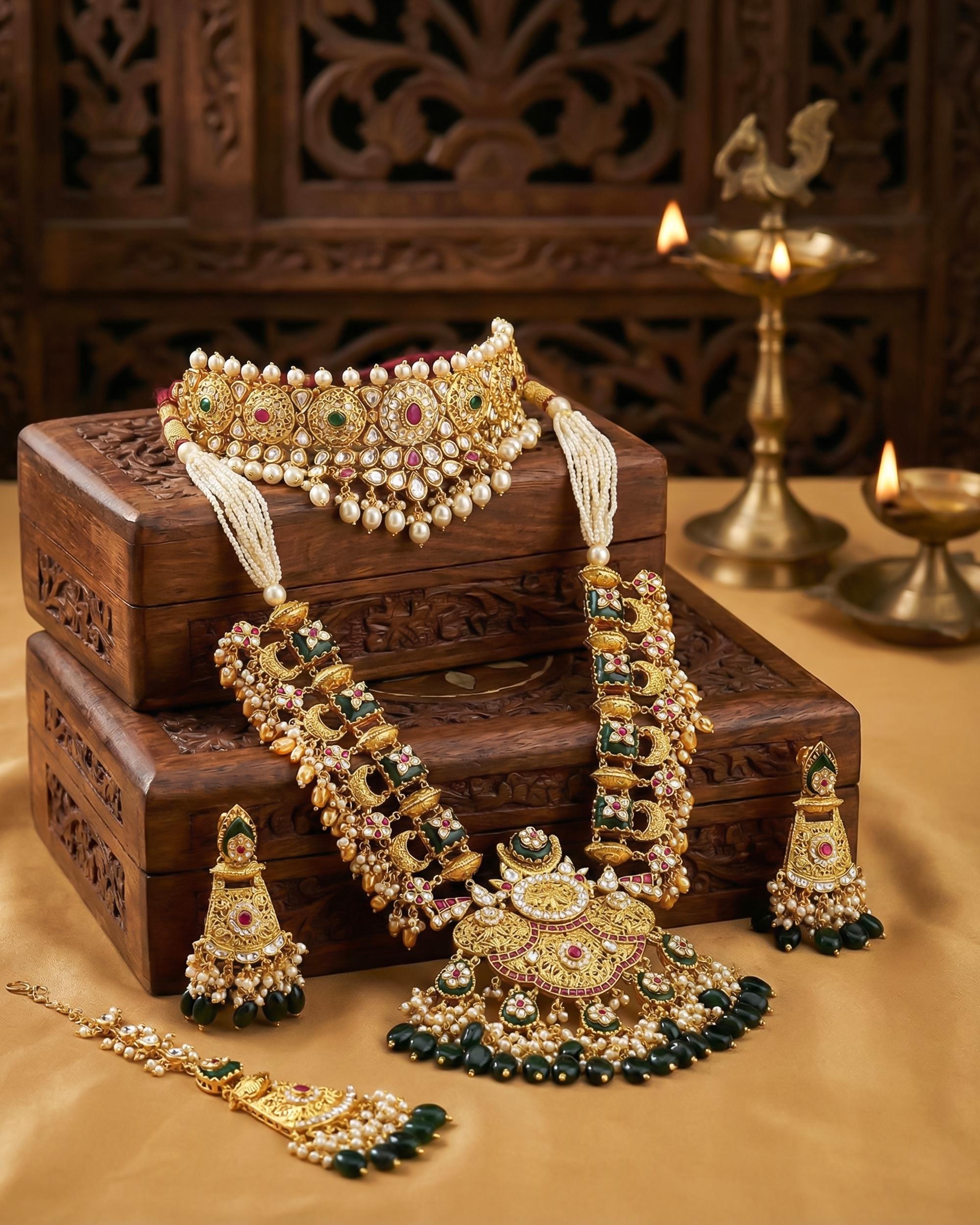 Antique Gold Pachi Kundan Choker  Layered Arch Bridal Collar with Mint Green Drops