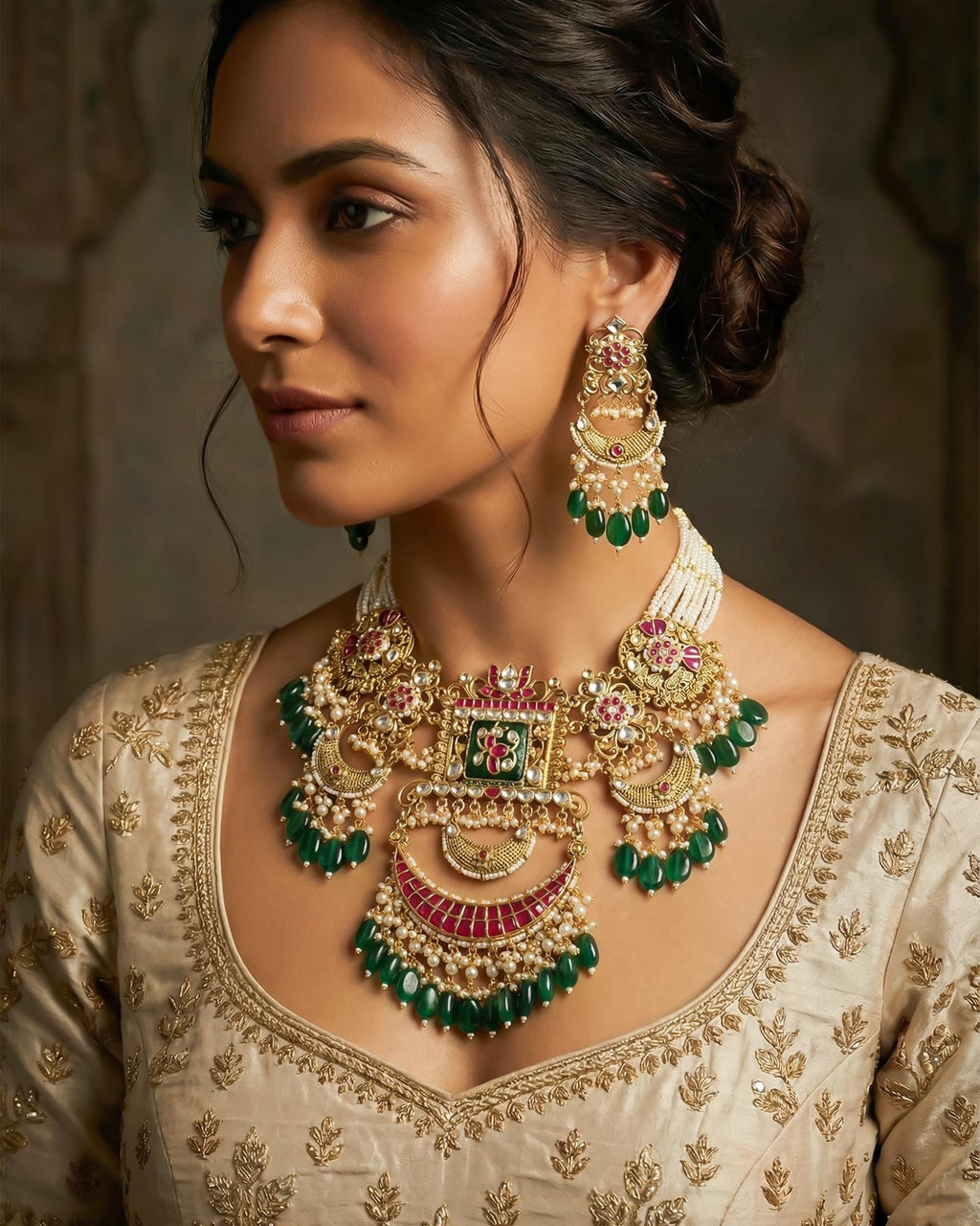 Antique Gold Pachi Kundan Rani Haar Set  Green Meenakari Bridal Necklace
