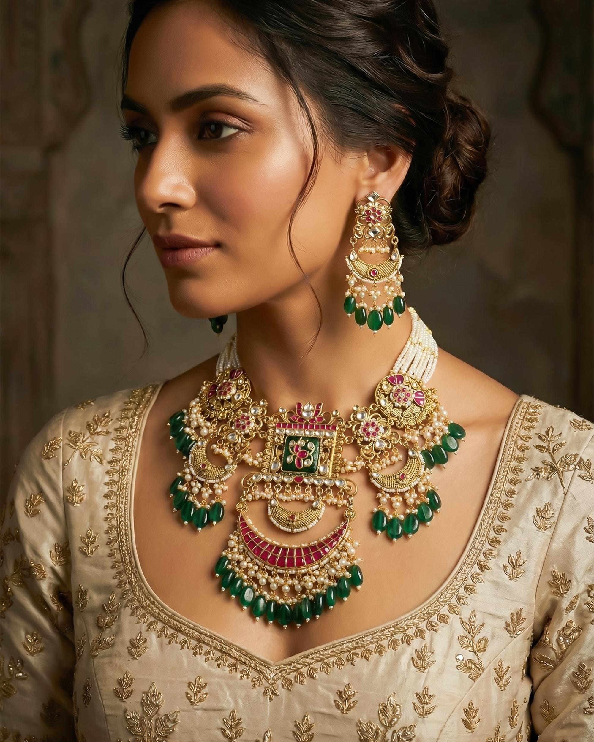 Antique Gold Pachi Kundan Rani Haar Set  Green Meenakari Bridal Necklace