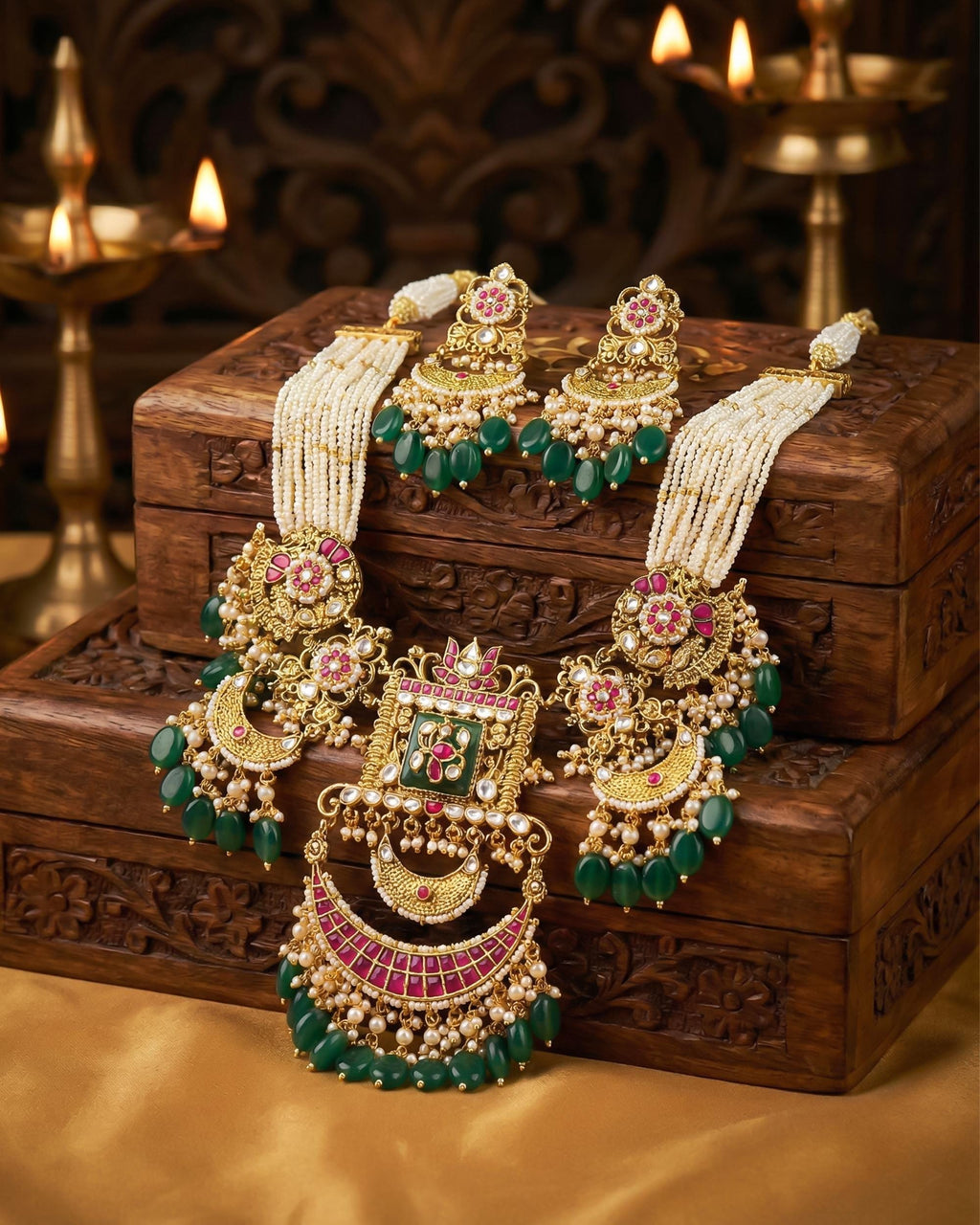 Antique Gold Pachi Kundan Rani Haar Set  Green Meenakari Bridal Necklace