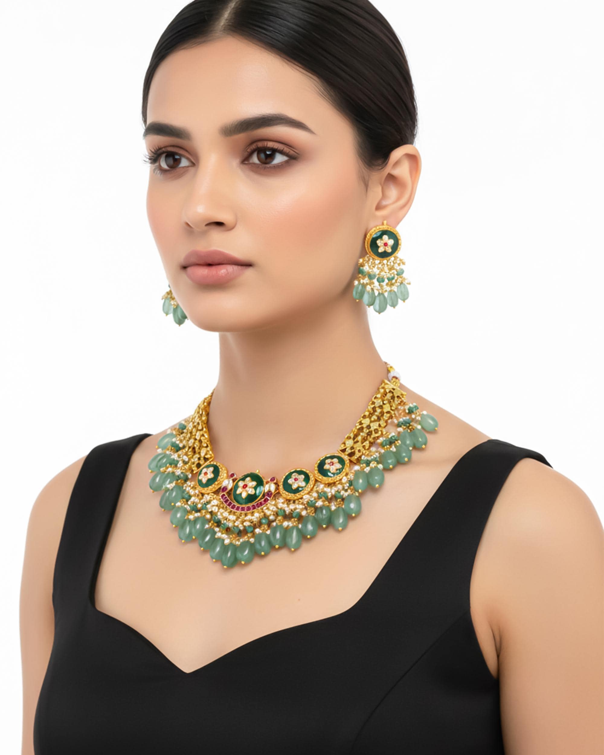 Antique Gold Pachi Kundan Choker Set  Emerald Green Drops, Bridal Wedding Jewelry