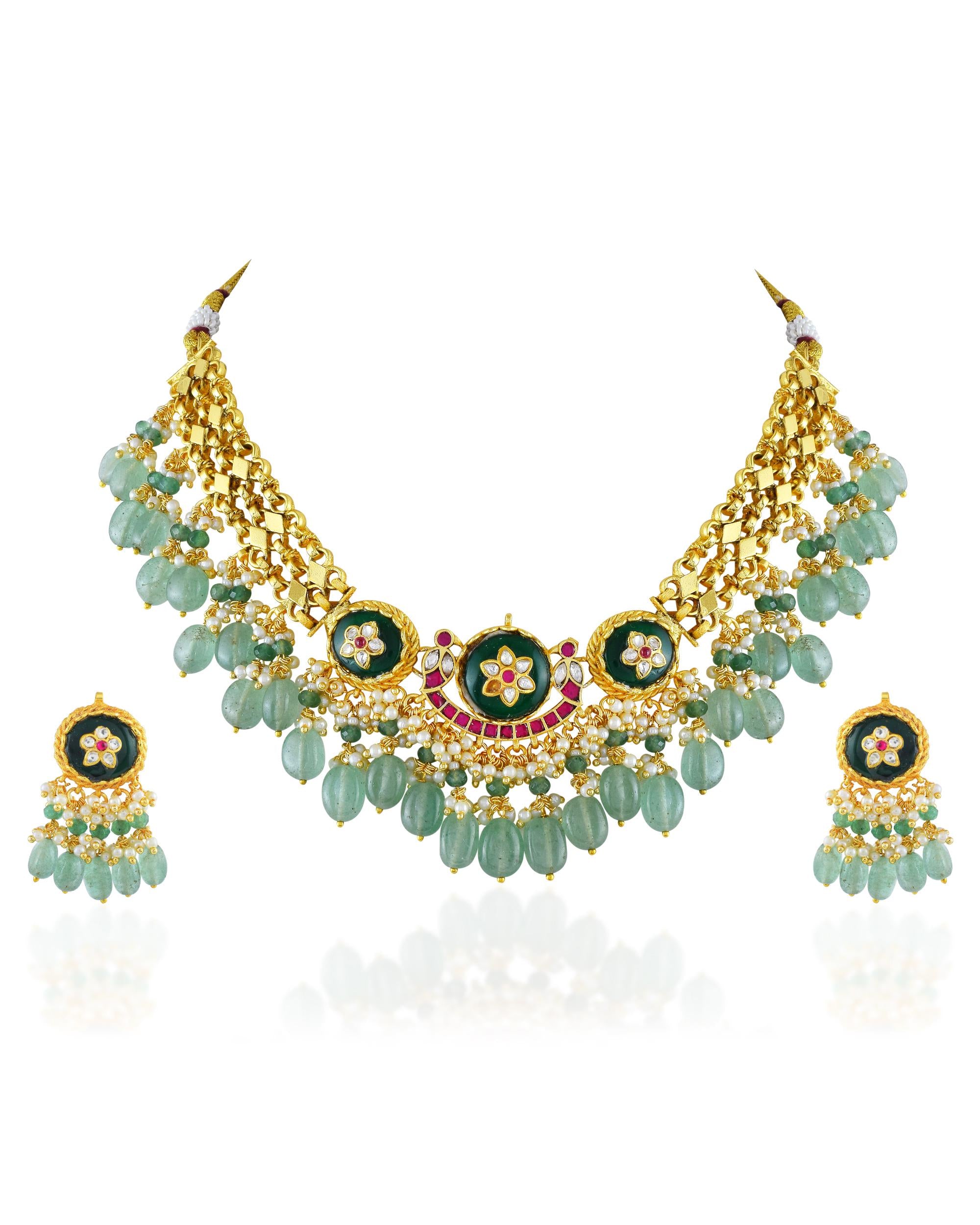 Antique Gold Pachi Kundan Choker Set  Emerald Green Drops, Bridal Wedding Jewelry