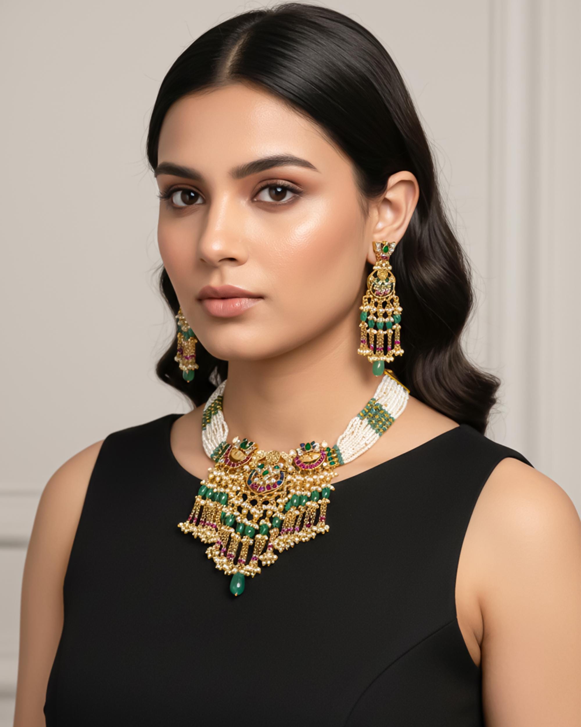 Handcrafted Pachi Kundan Choker Set  Antique Gold Chain Collar, Mint Green Tumbles