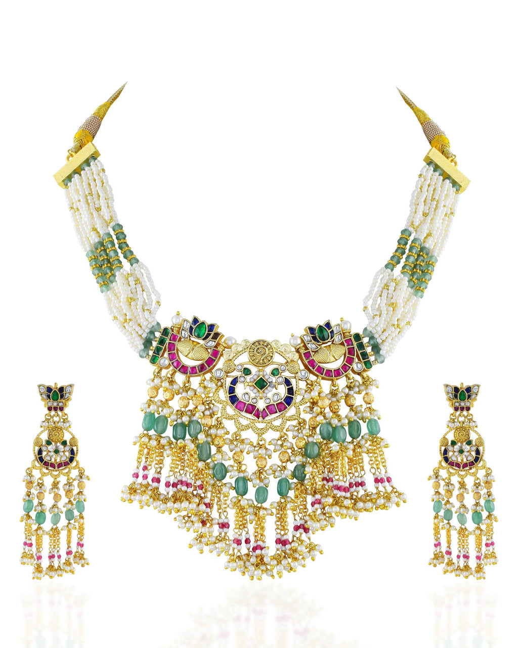 Handcrafted Pachi Kundan Choker Set  Antique Gold Chain Collar, Mint Green Tumbles