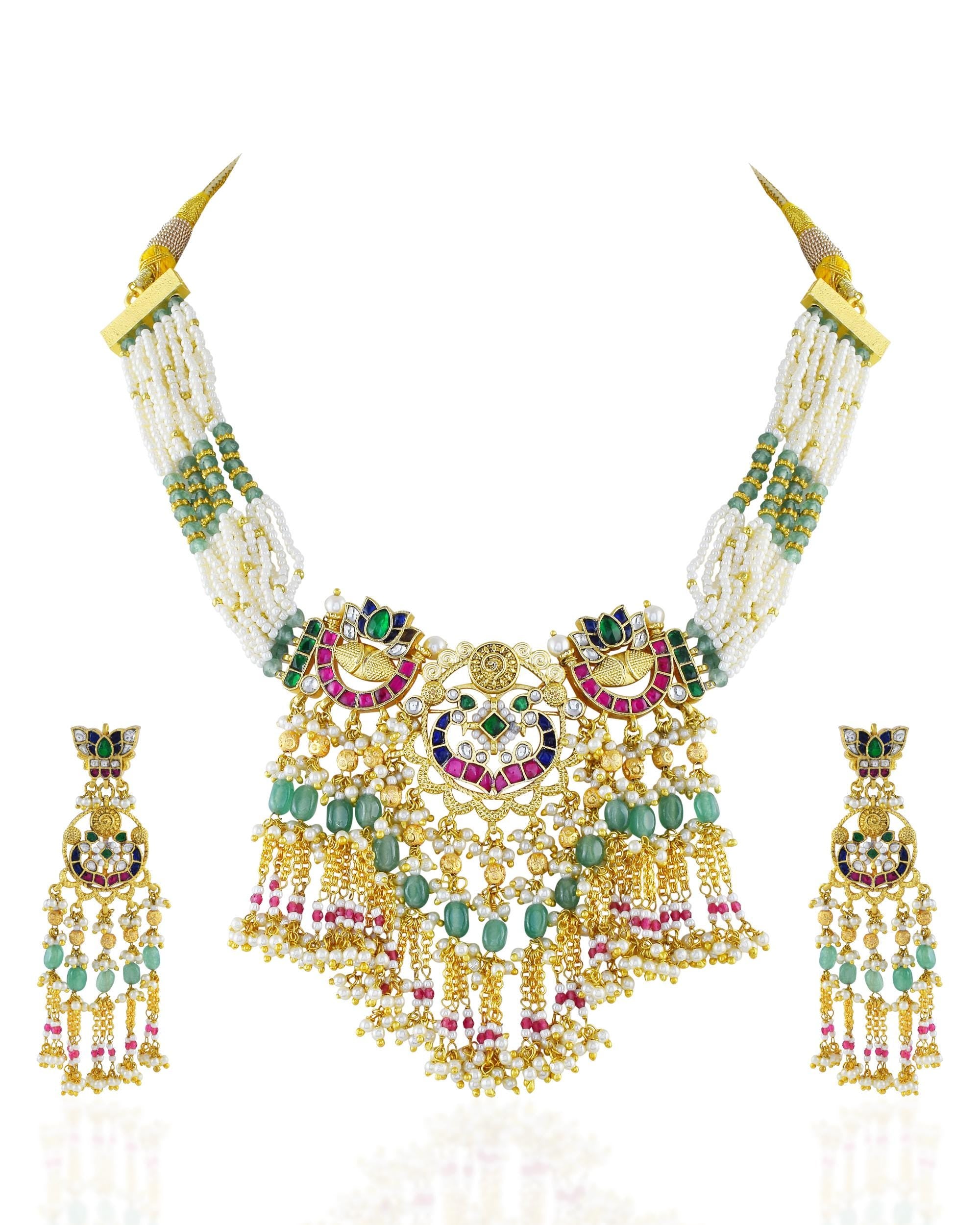 Handcrafted Pachi Kundan Choker Set  Antique Gold Chain Collar, Mint Green Tumbles