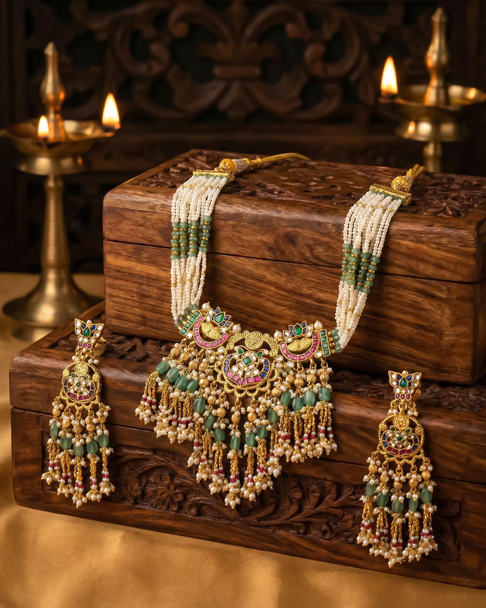 Handcrafted Pachi Kundan Choker Set  Antique Gold Chain Collar, Mint Green Tumbles