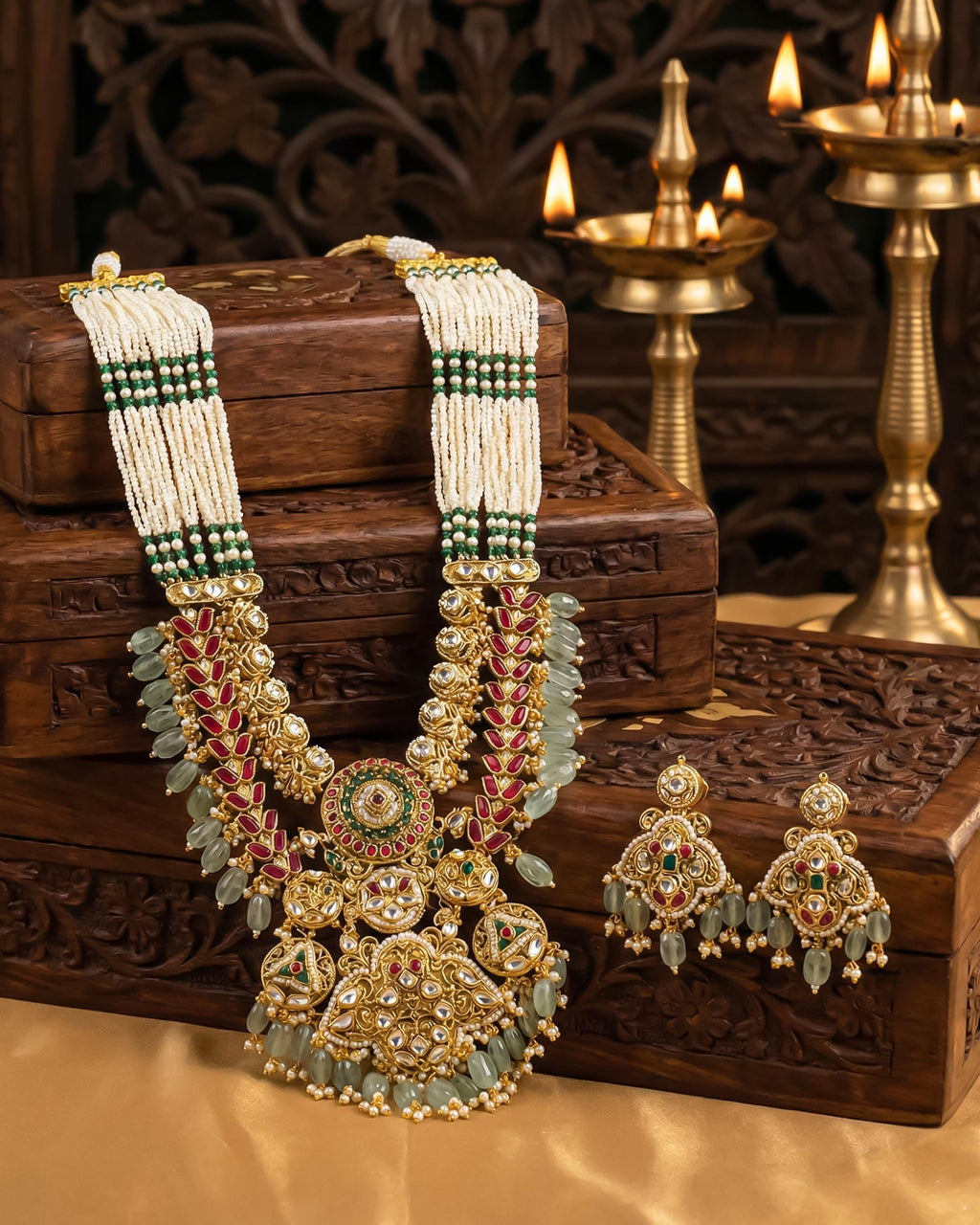 Handcrafted Pachi Kundan Choker Set  Double Crescent Bridal Collar, Mint Green Drops