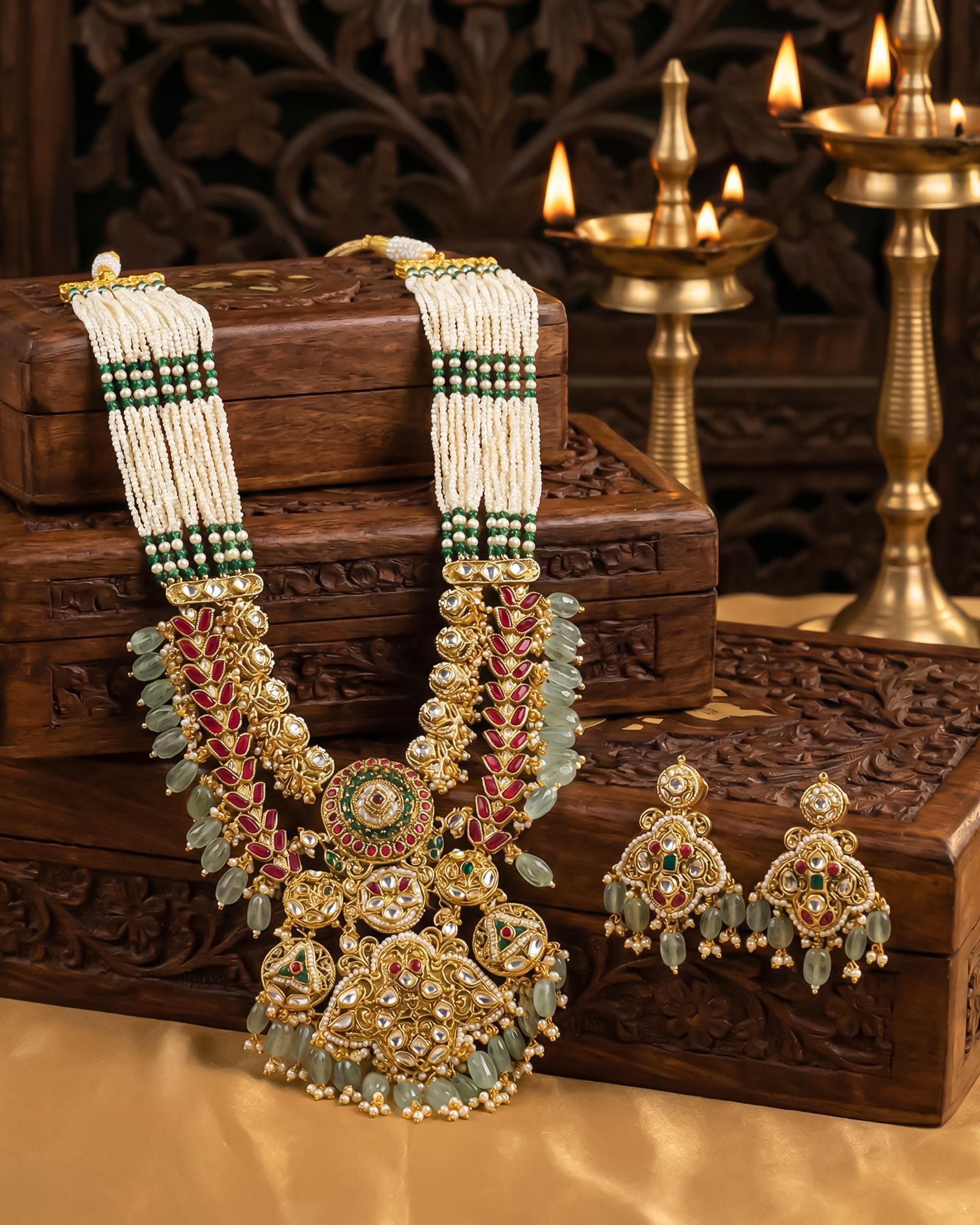 Handcrafted Pachi Kundan Choker Set  Double Crescent Bridal Collar, Mint Green Drops