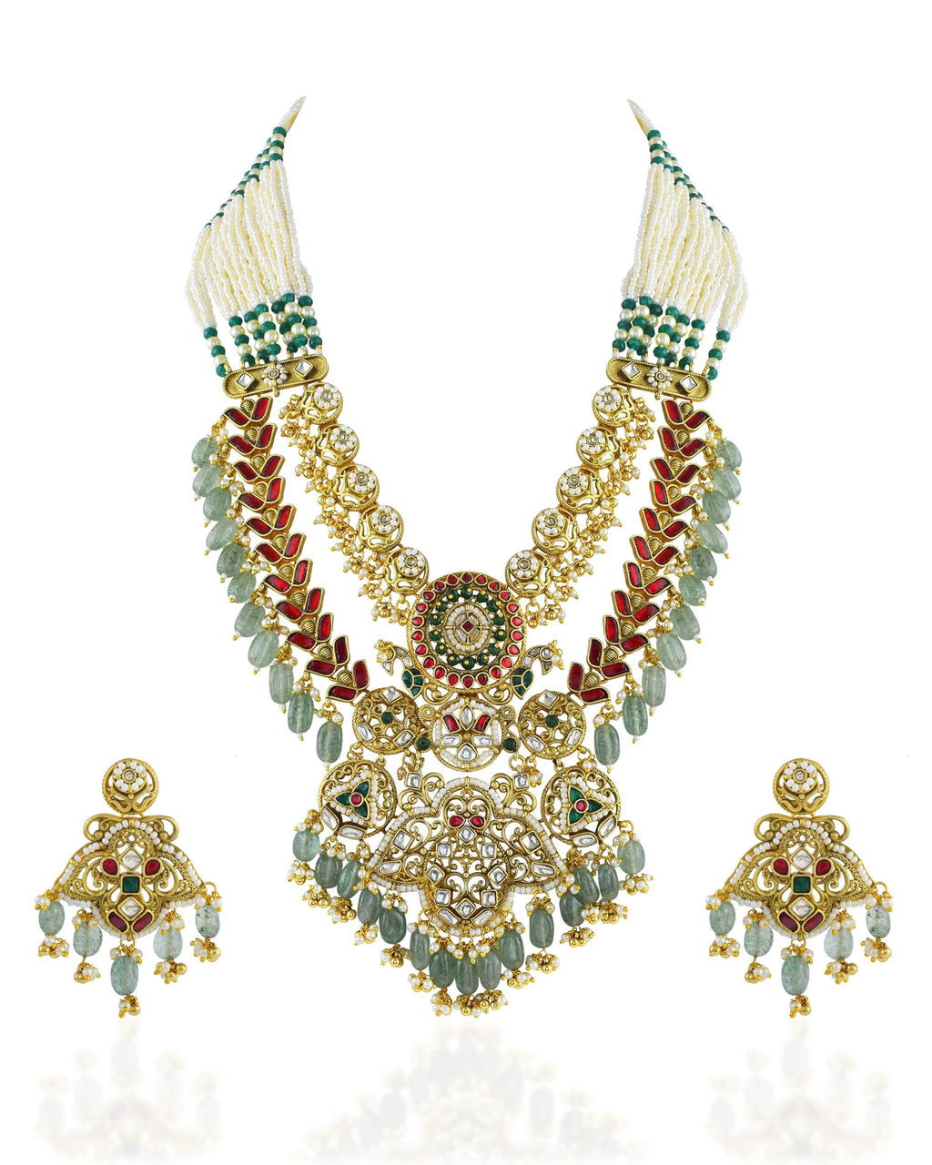 Handcrafted Pachi Kundan Choker Set  Double Crescent Bridal Collar, Mint Green Drops