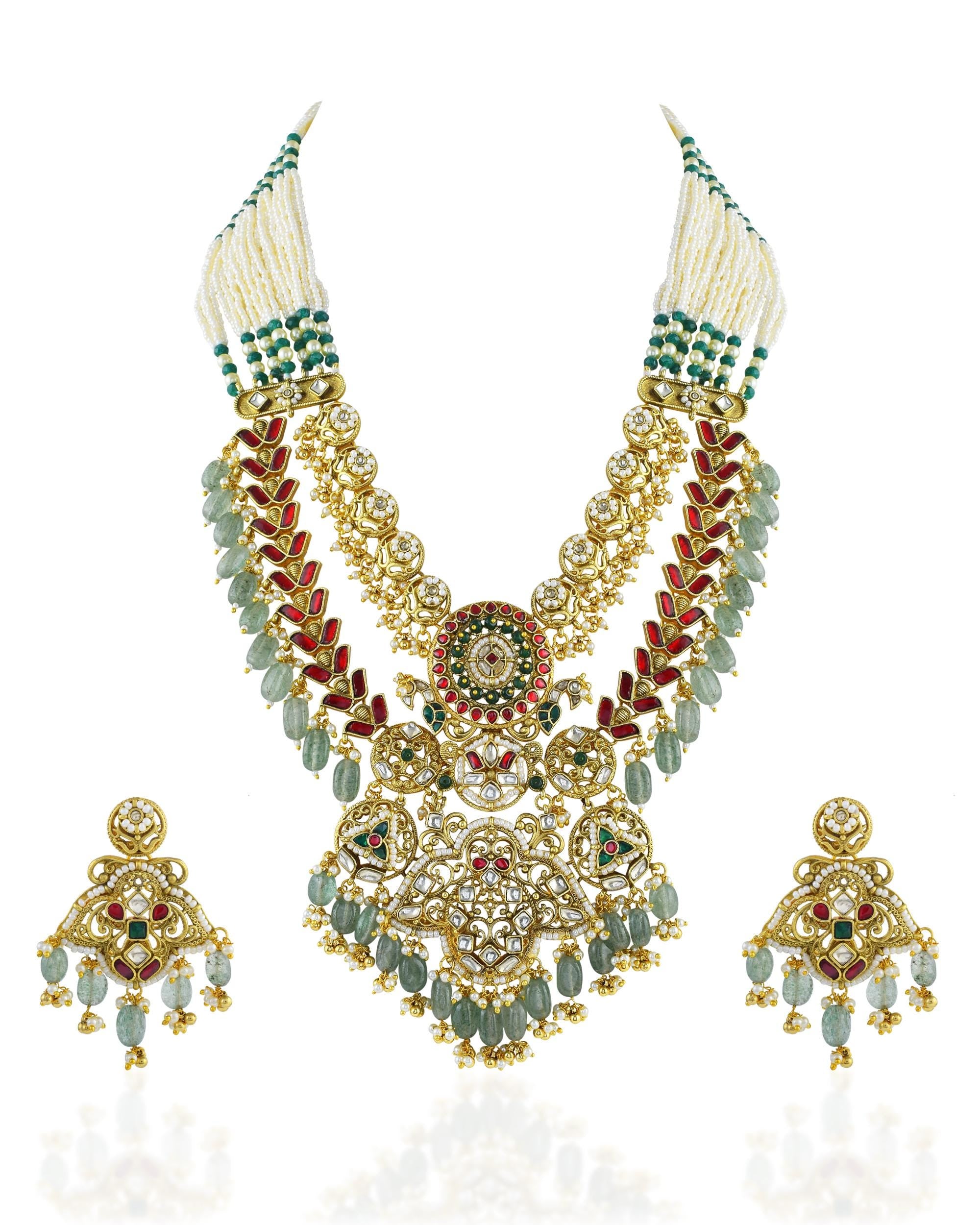 Handcrafted Pachi Kundan Choker Set  Double Crescent Bridal Collar, Mint Green Drops