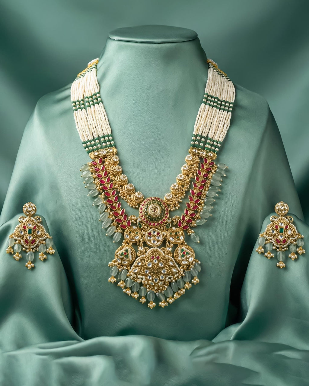 Handcrafted Pachi Kundan Choker Set  Double Crescent Bridal Collar, Mint Green Drops