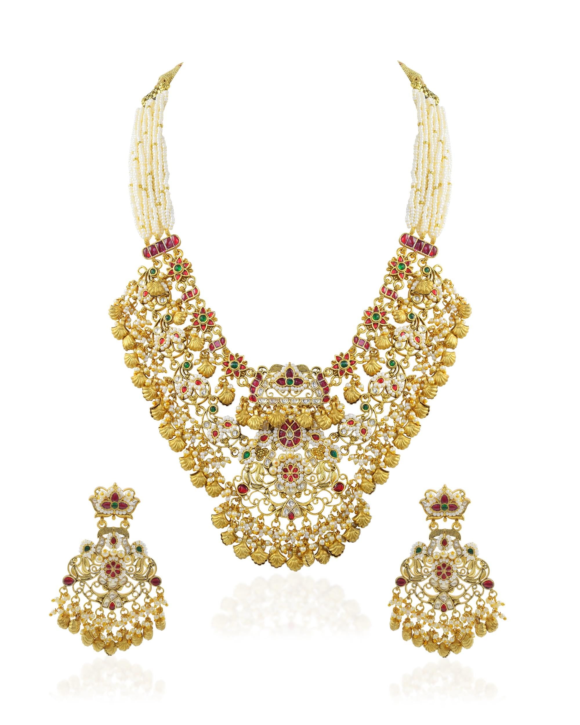 bridal jewelry set Antique Gold Pachi Kundan Bib Necklace Set  Royal Bridal Collar, Statement Wedding Jewelry