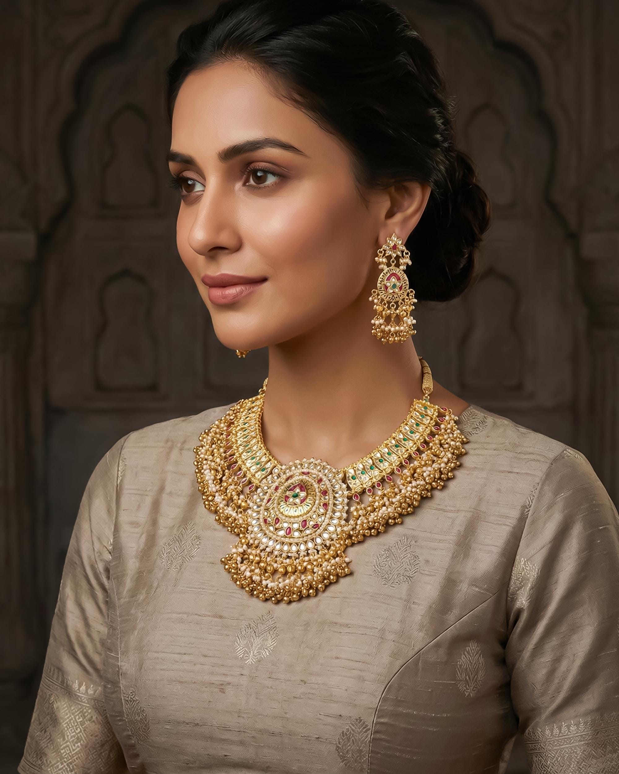 Handcrafted Pachi Kundan Choker Set  Antique Gold Indian Wedding Jewelry, Royal Medallion Collar