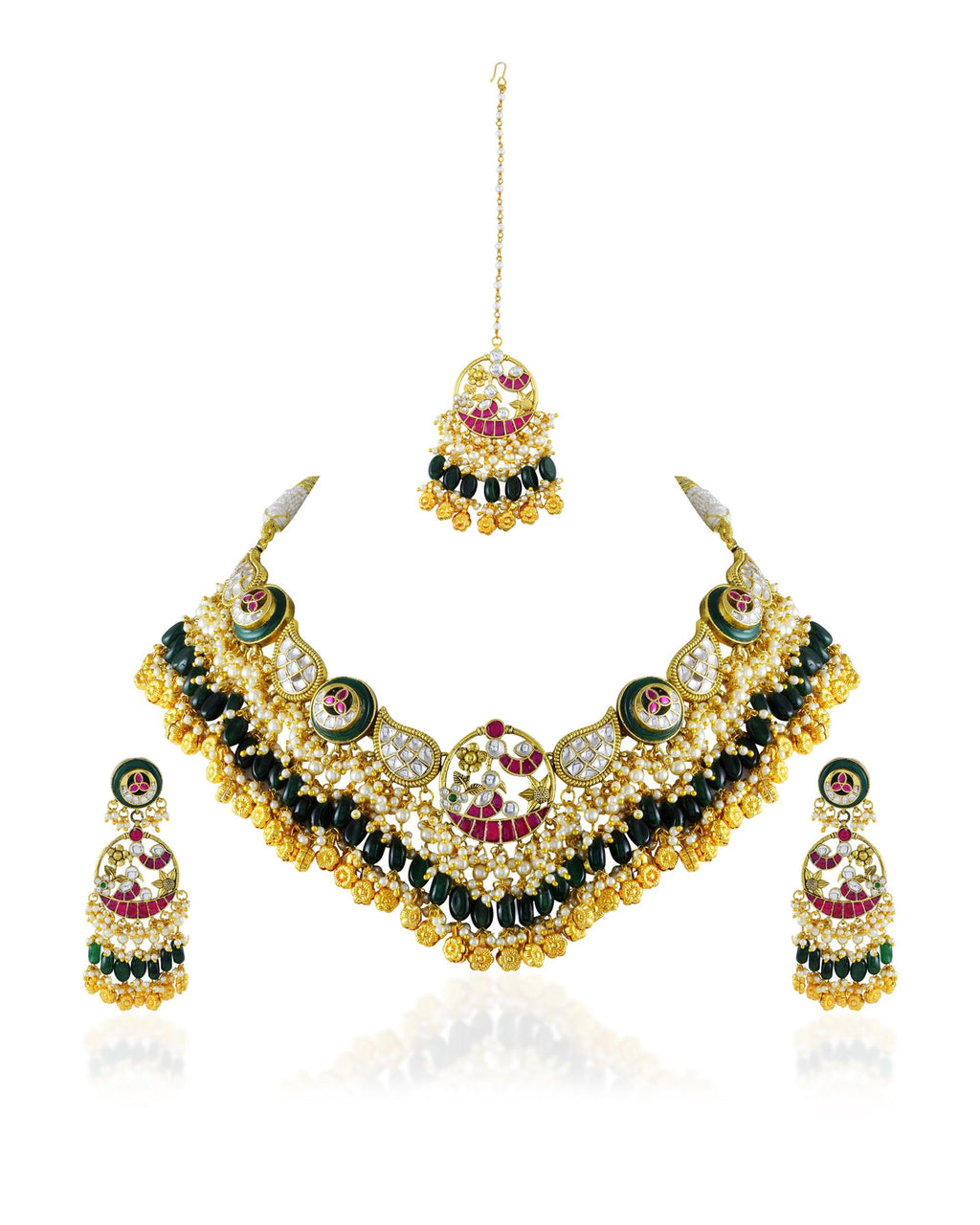 Antique Gold Pachi Kundan Choker Maang Tikka, Green Onyx Bridal Collar, Peacock Wedding Jewelry