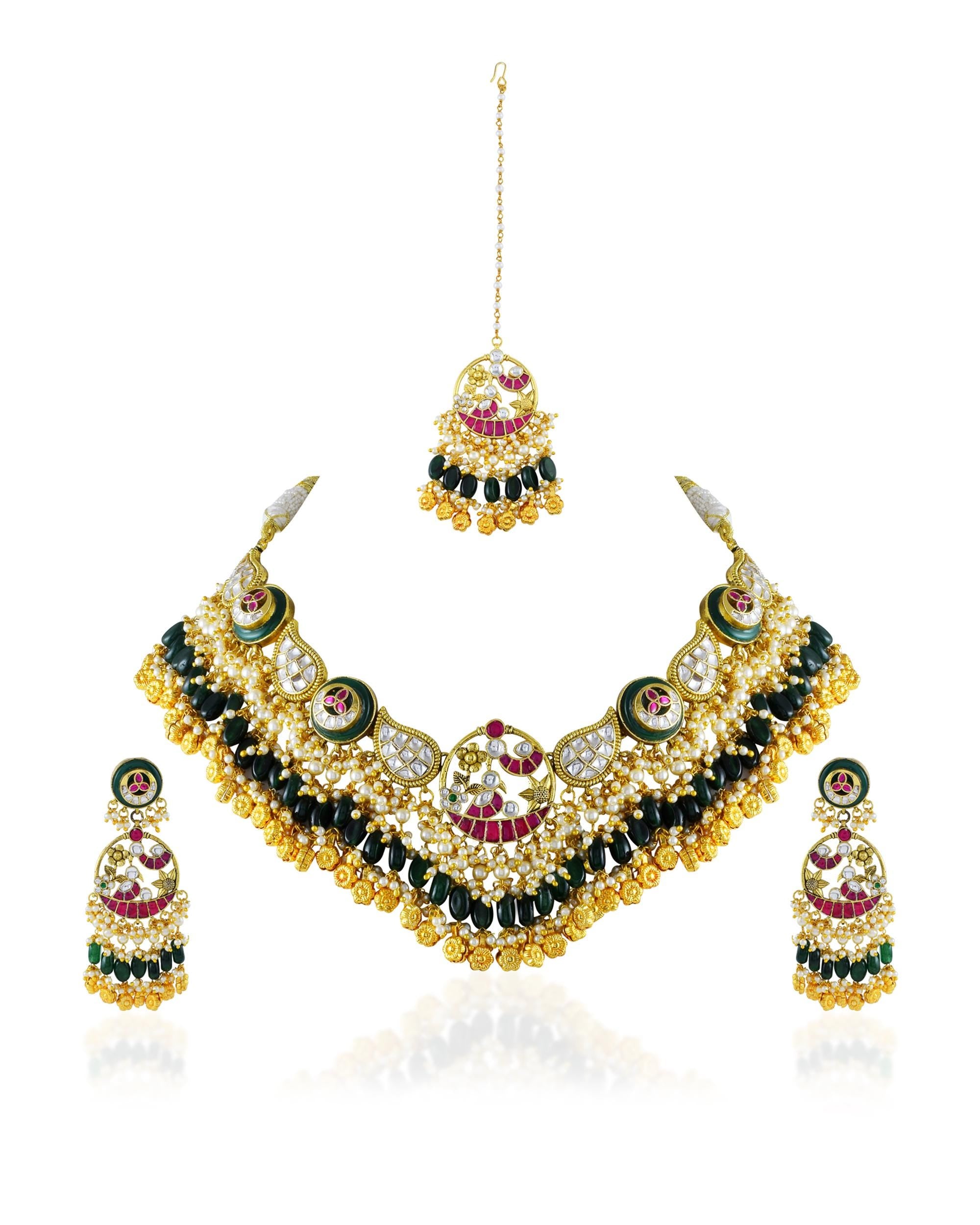 Antique Gold Pachi Kundan Choker Maang Tikka, Green Onyx Bridal Collar, Peacock Wedding Jewelry
