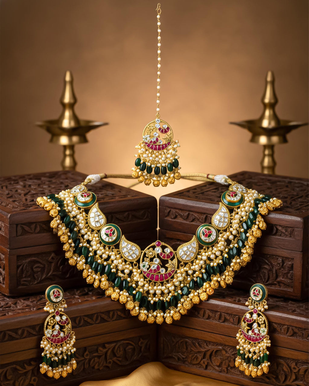 Antique Gold Pachi Kundan Choker Maang Tikka, Green Onyx Bridal Collar, Peacock Wedding Jewelry
