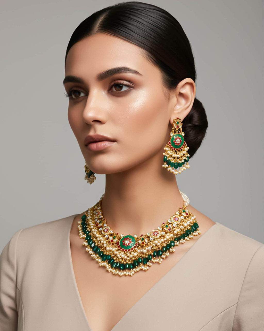 Antique Gold Pachi Kundan Rani Haar Set  Green Onyx Beads, Royal Shield Pendant