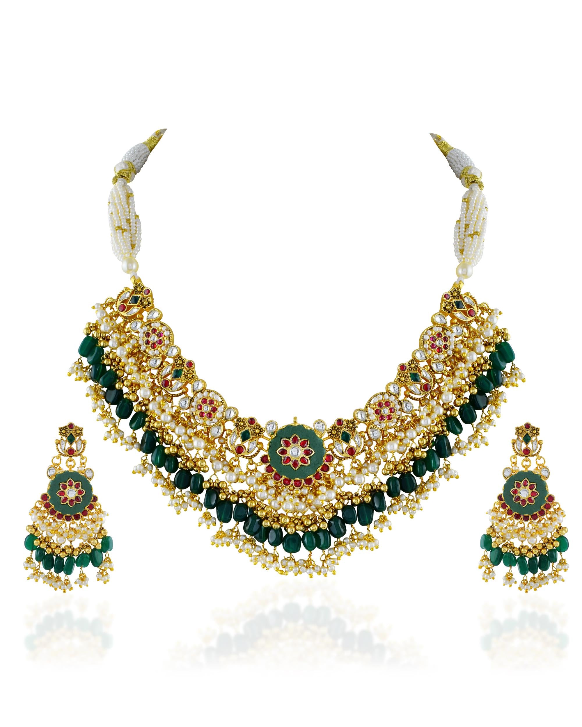 Antique Gold Pachi Kundan Rani Haar Set  Green Onyx Beads, Royal Shield Pendant