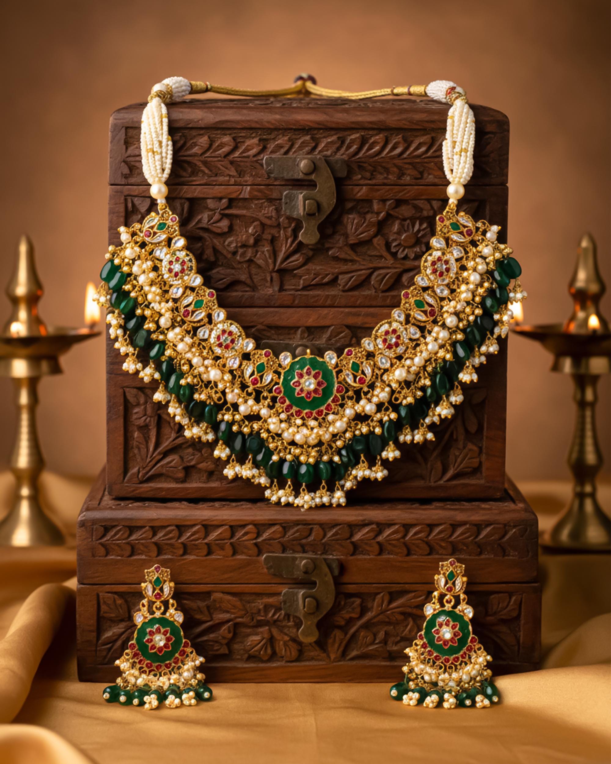 Antique Gold Pachi Kundan Rani Haar Set  Green Onyx Beads, Royal Shield Pendant
