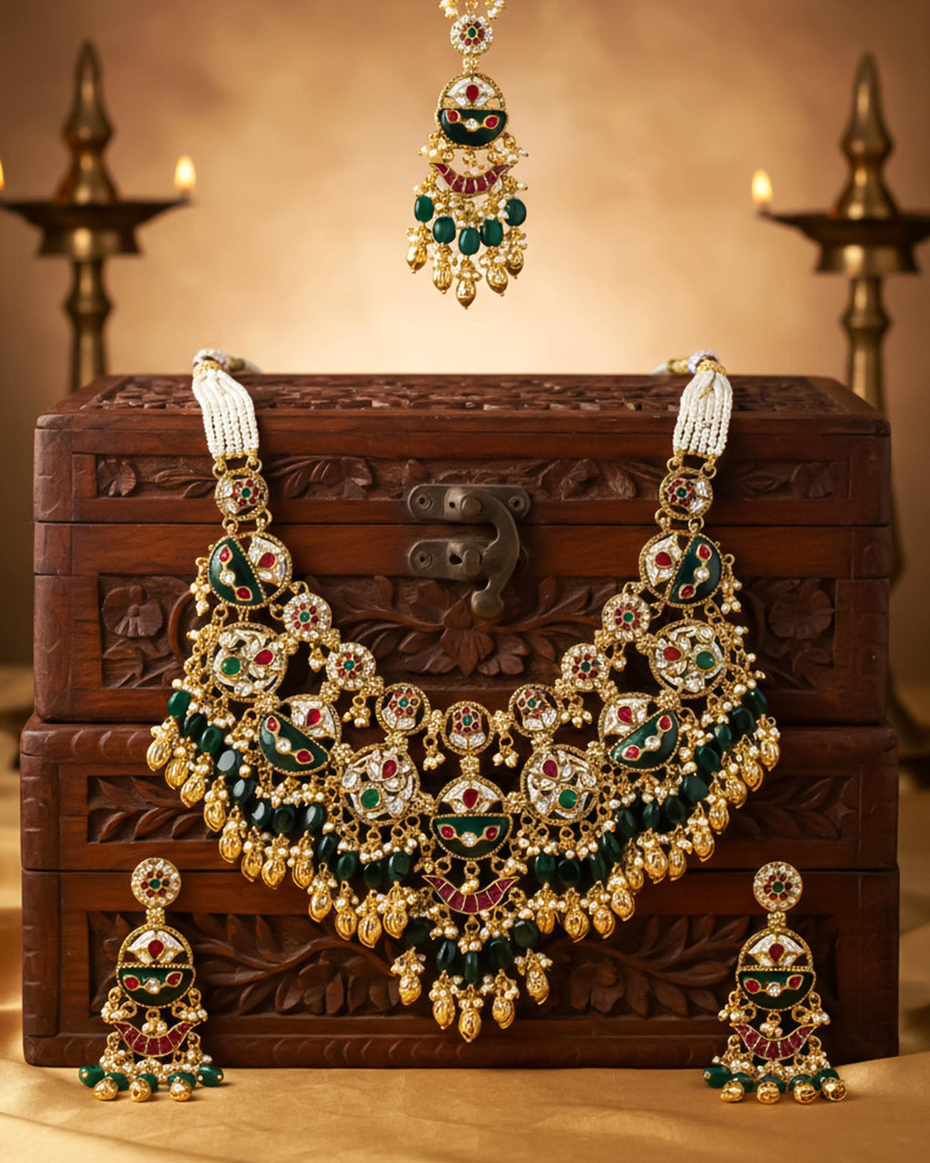 Antique Gold Pachi Kundan Choker Set with Maang Tikka  Green Meenakari Bridal Jewelry