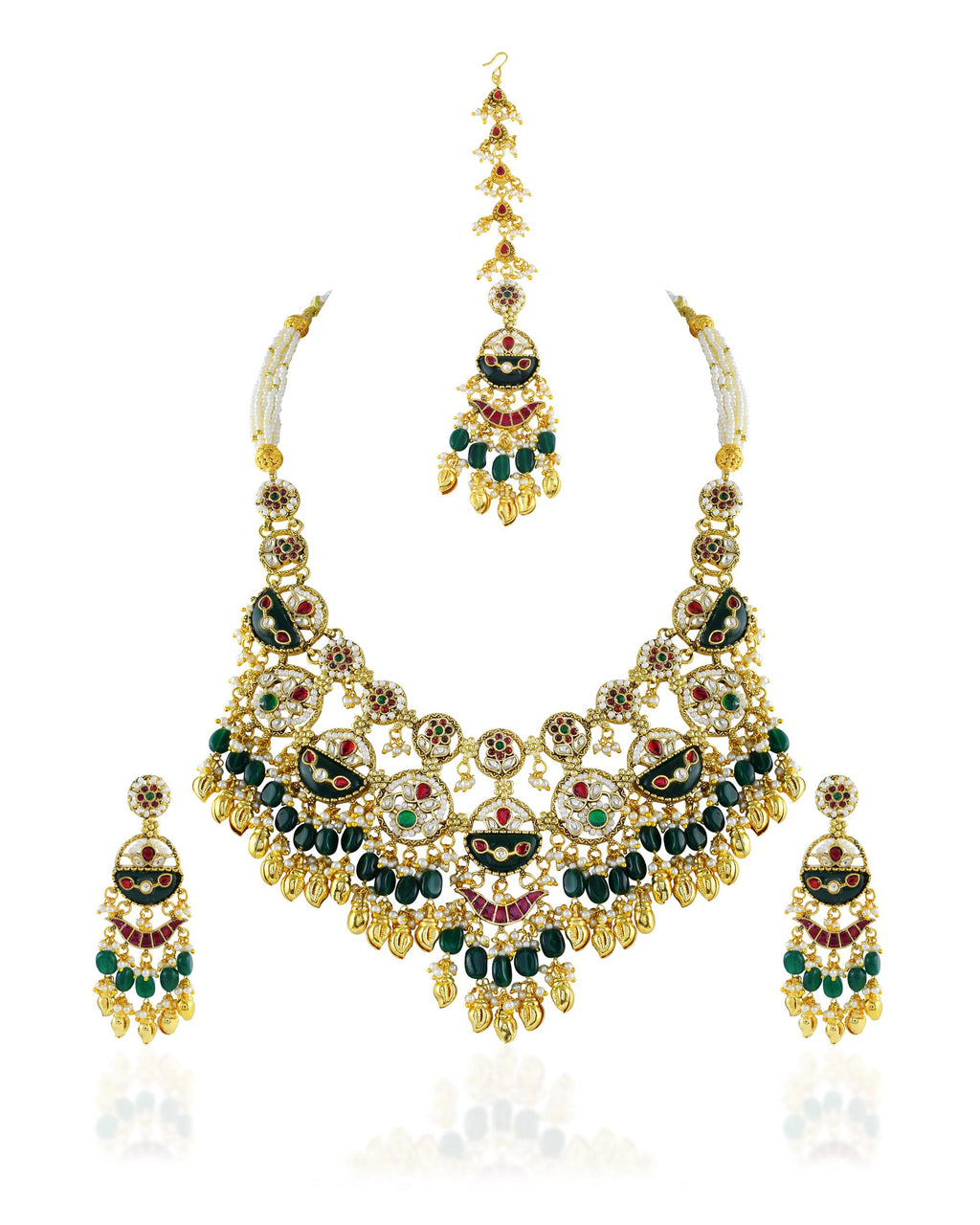 Antique Gold Pachi Kundan Choker Set with Maang Tikka  Green Meenakari Bridal Jewelry