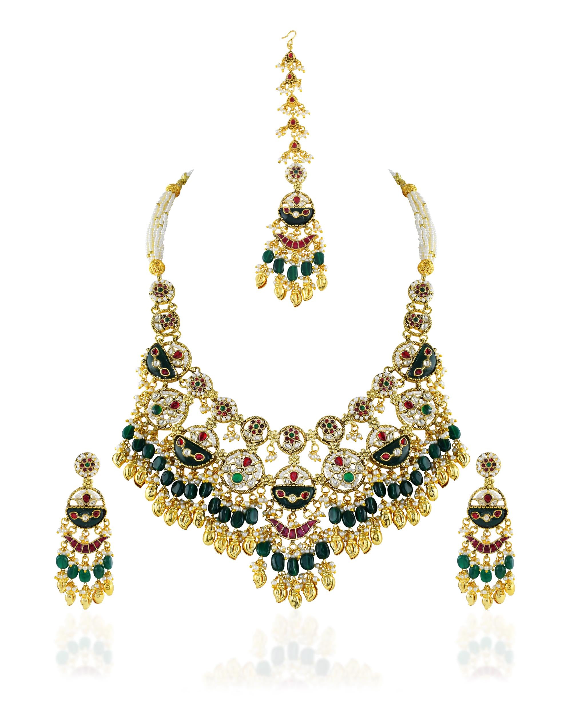 Antique Gold Pachi Kundan Choker Set with Maang Tikka  Green Meenakari Bridal Jewelry
