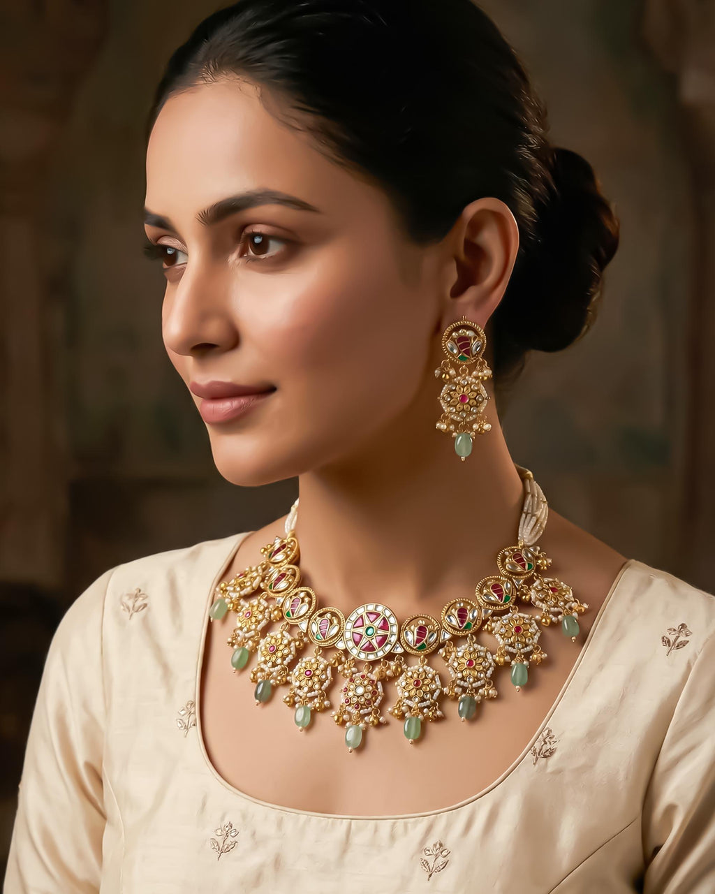 Antique Gold Pachi Kundan Choker Set  Mint Drops, Pink Enamel Paisley, Bridal Wedding Jewelry
