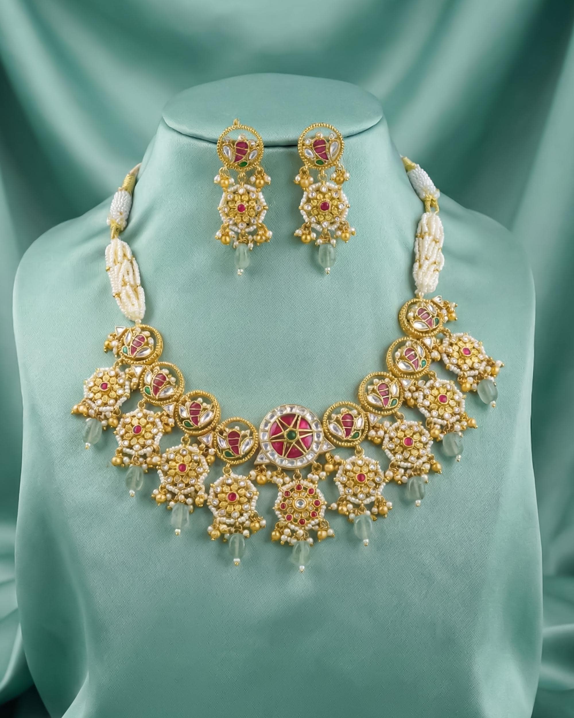 Antique Gold Pachi Kundan Choker Set  Mint Drops, Pink Enamel Paisley, Bridal Wedding Jewelry