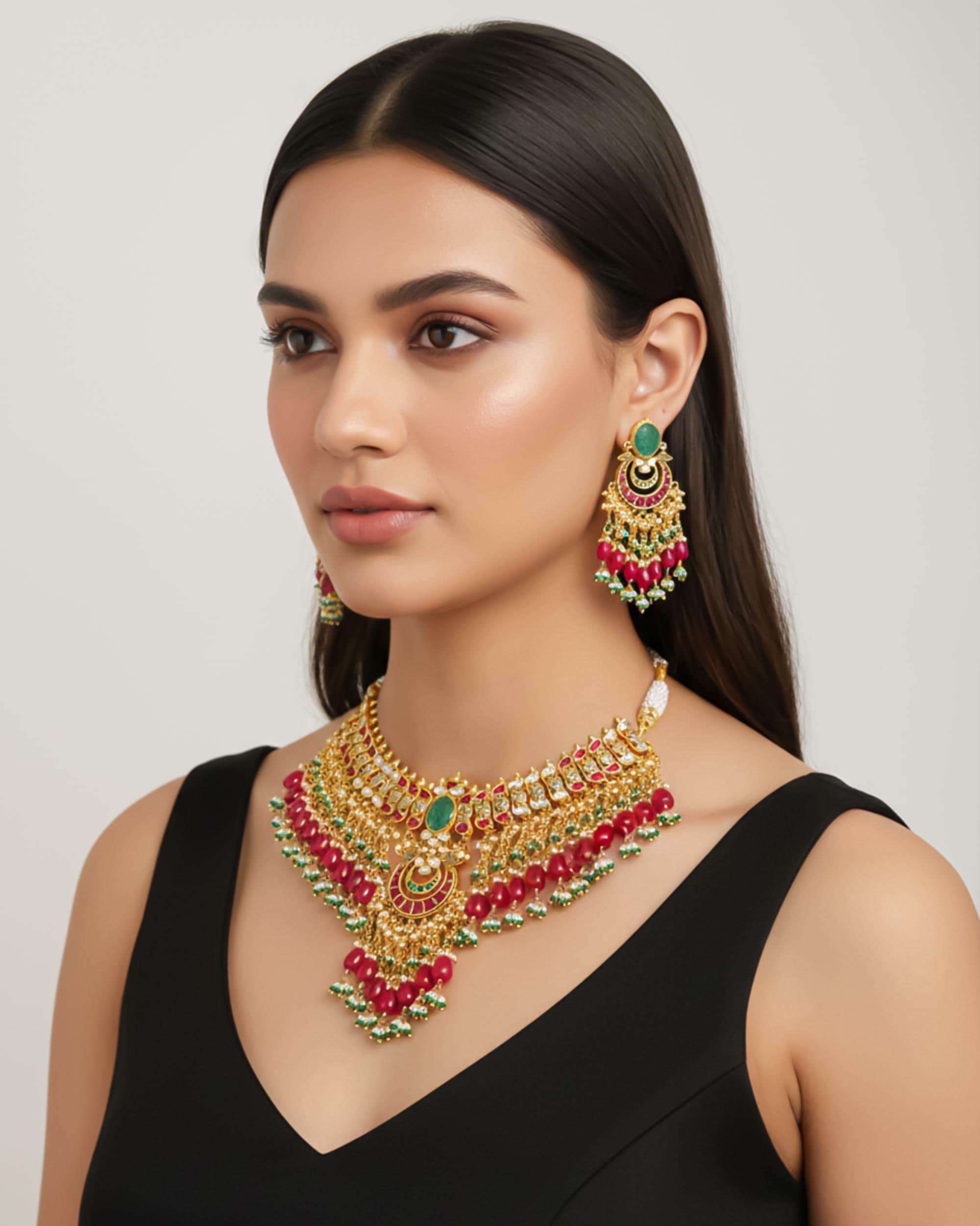 Antique Gold Pachi Kundan Rani Haar Set  Teal Green Onyx Necklace, Royal Pendant, Earrings