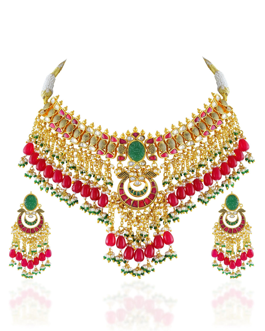 Antique Gold Pachi Kundan Rani Haar Set  Teal Green Onyx Necklace, Royal Pendant, Earrings