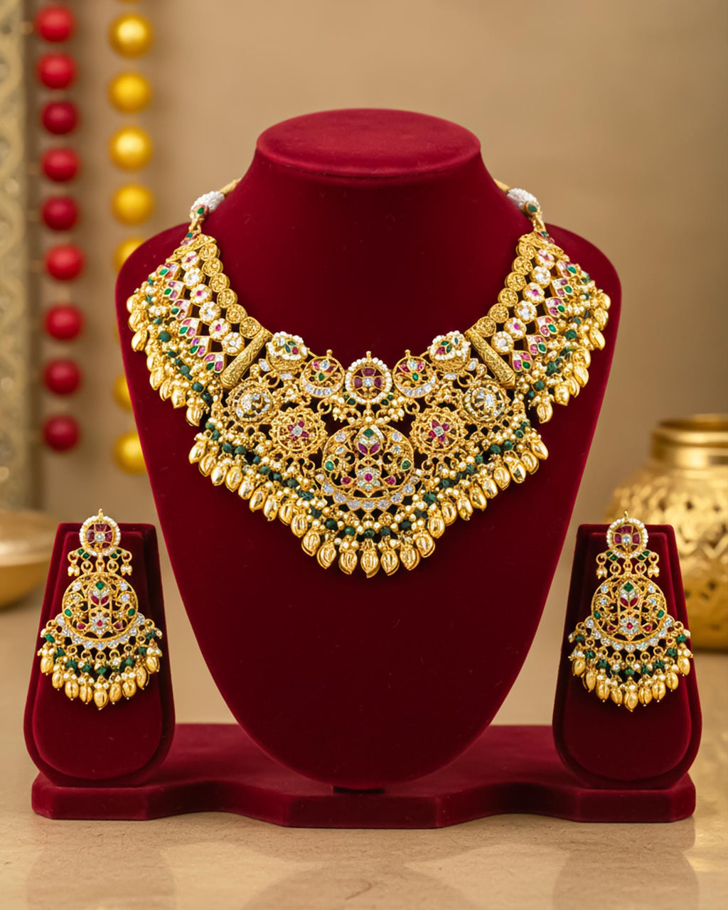 Antique Gold Pachi Kundan Bib Necklace Set  Royal Bridal Statement Wedding Jewelry