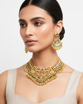 Antique Gold Pachi Kundan Bib Necklace Set  Royal Bridal Statement Wedding Jewelry
