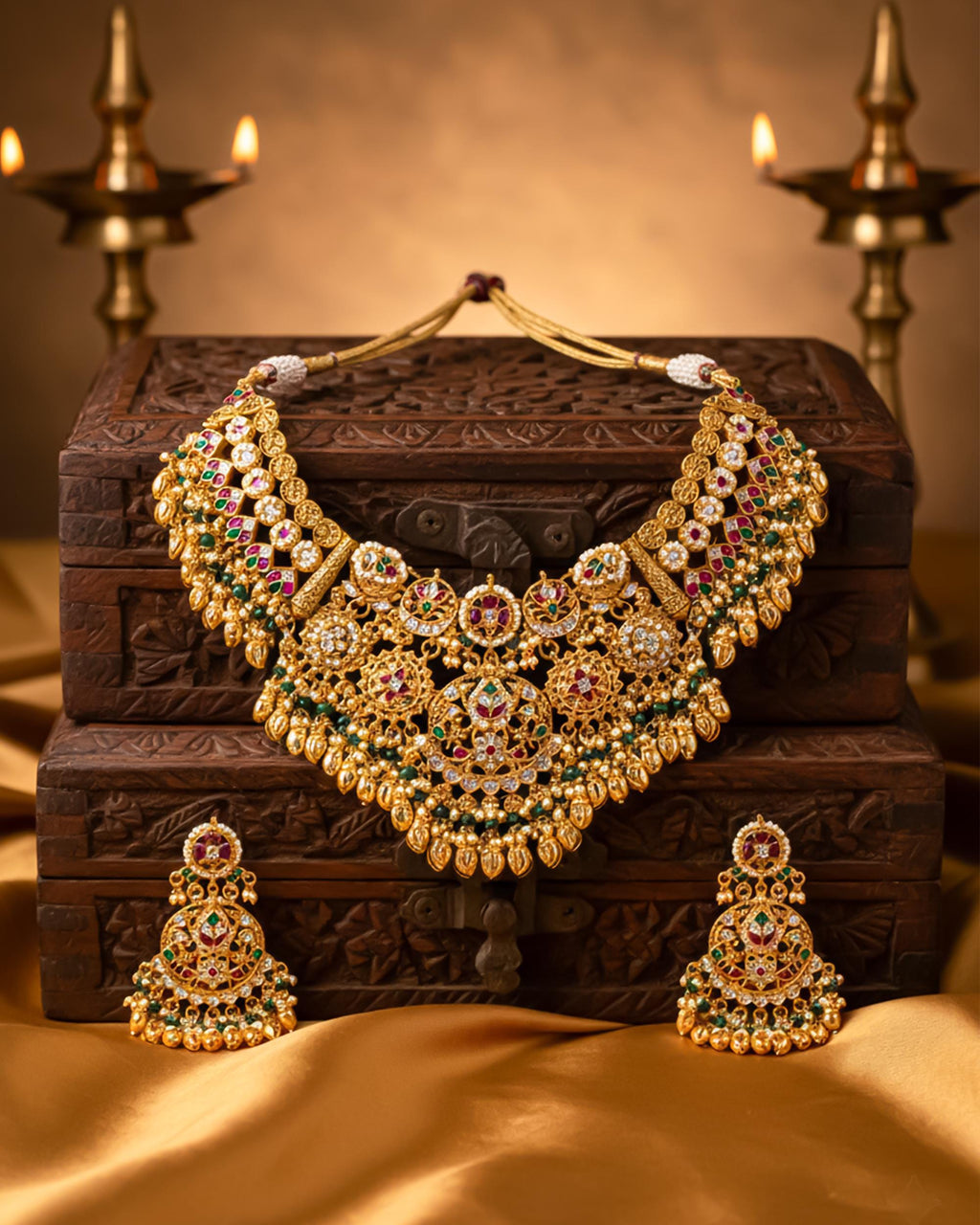 Antique Gold Pachi Kundan Bib Necklace Set  Royal Bridal Statement Wedding Jewelry