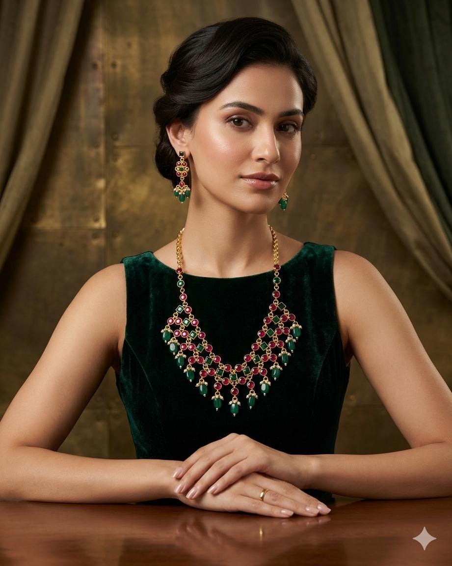Red Green Kundan Necklace Set, Traditional Indian Bridal Jewelry, Statement Wedding Earrings
