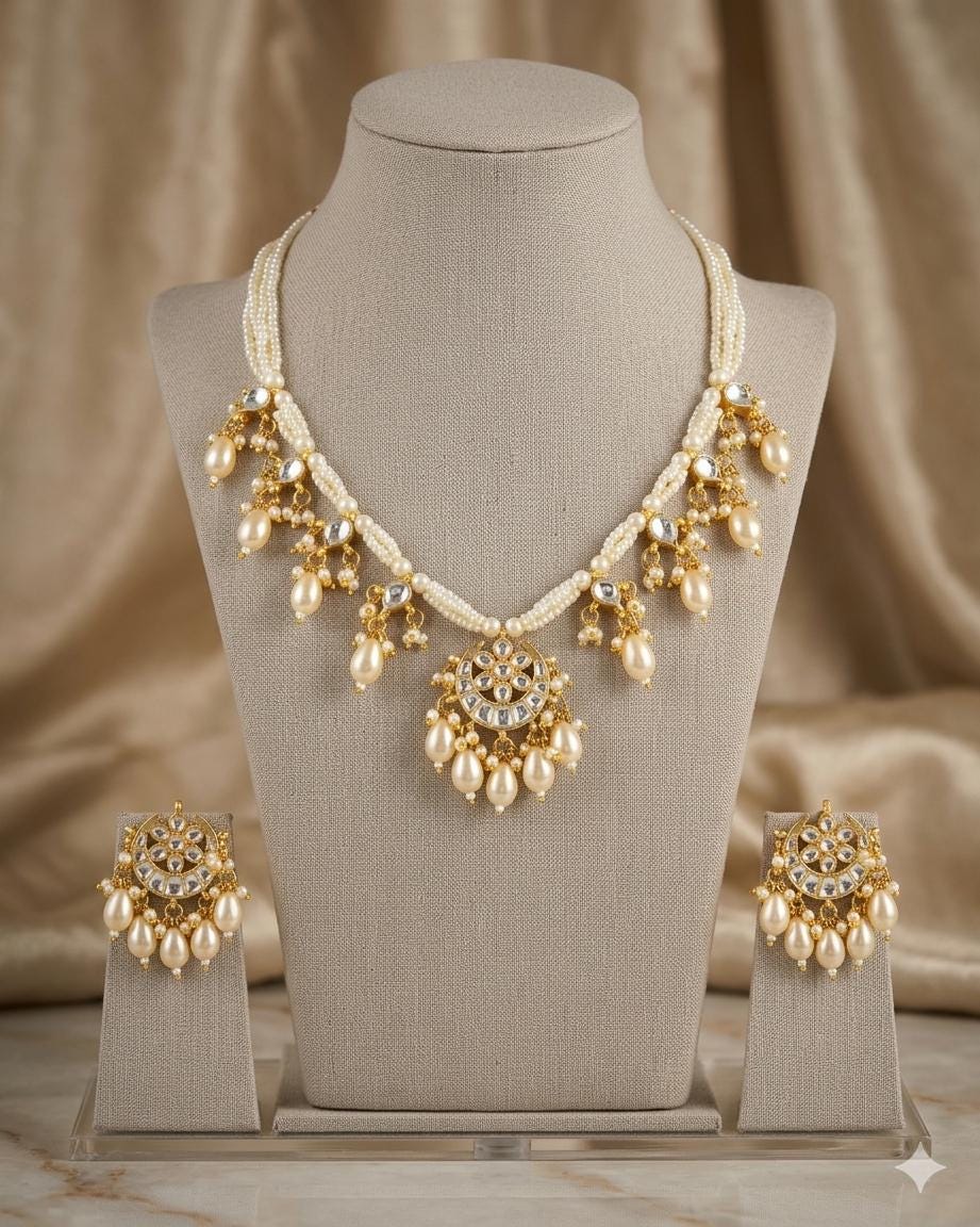 Pearl Kundan Choker Necklace Set, Indian Bridal Wedding Jewelry