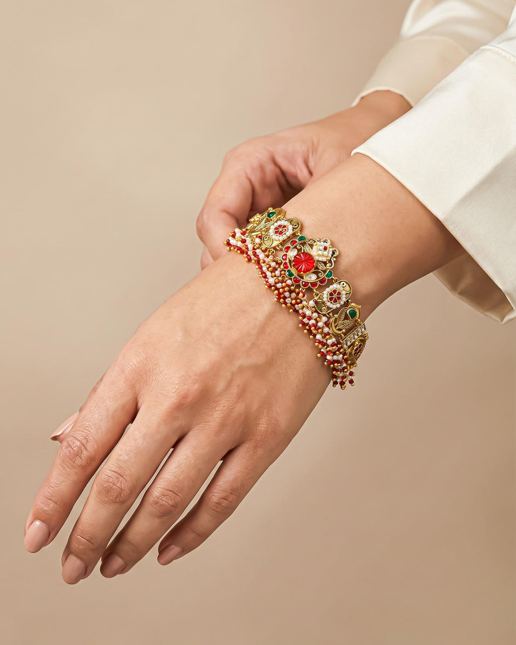 Antique Gold-Plated Pachi Kundan Bracelet, Red Green Meenakari Ethnic Jewelry