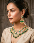 Royal Kundan Choker Necklace Set | Emerald Green Bridal Jewelry with Meenakari Earrings