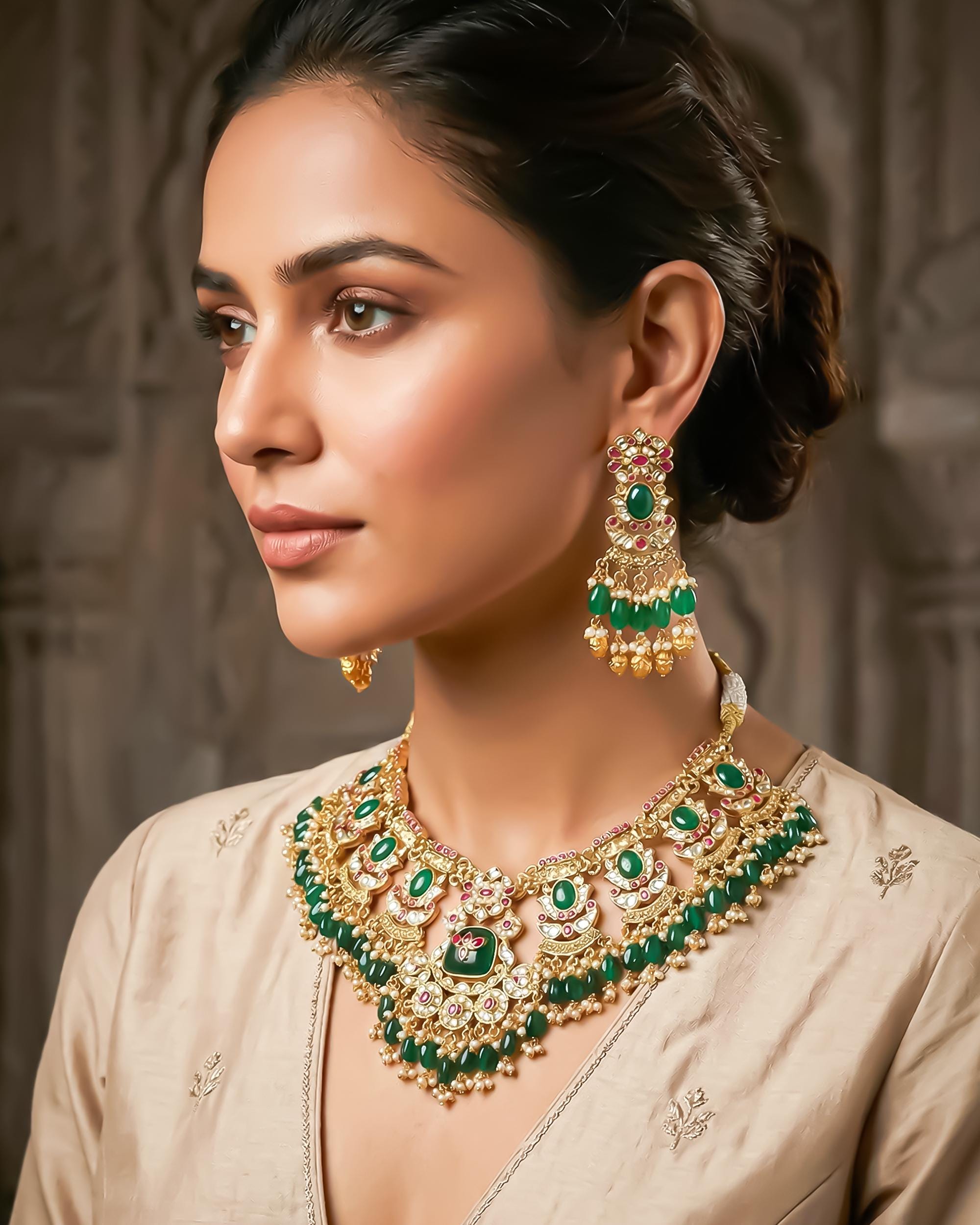 Royal Kundan Choker Necklace Set | Emerald Green Bridal Jewelry with Meenakari Earrings