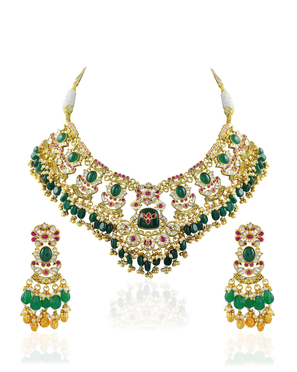Royal Kundan Choker Necklace Set | Emerald Green Bridal Jewelry with Meenakari Earrings